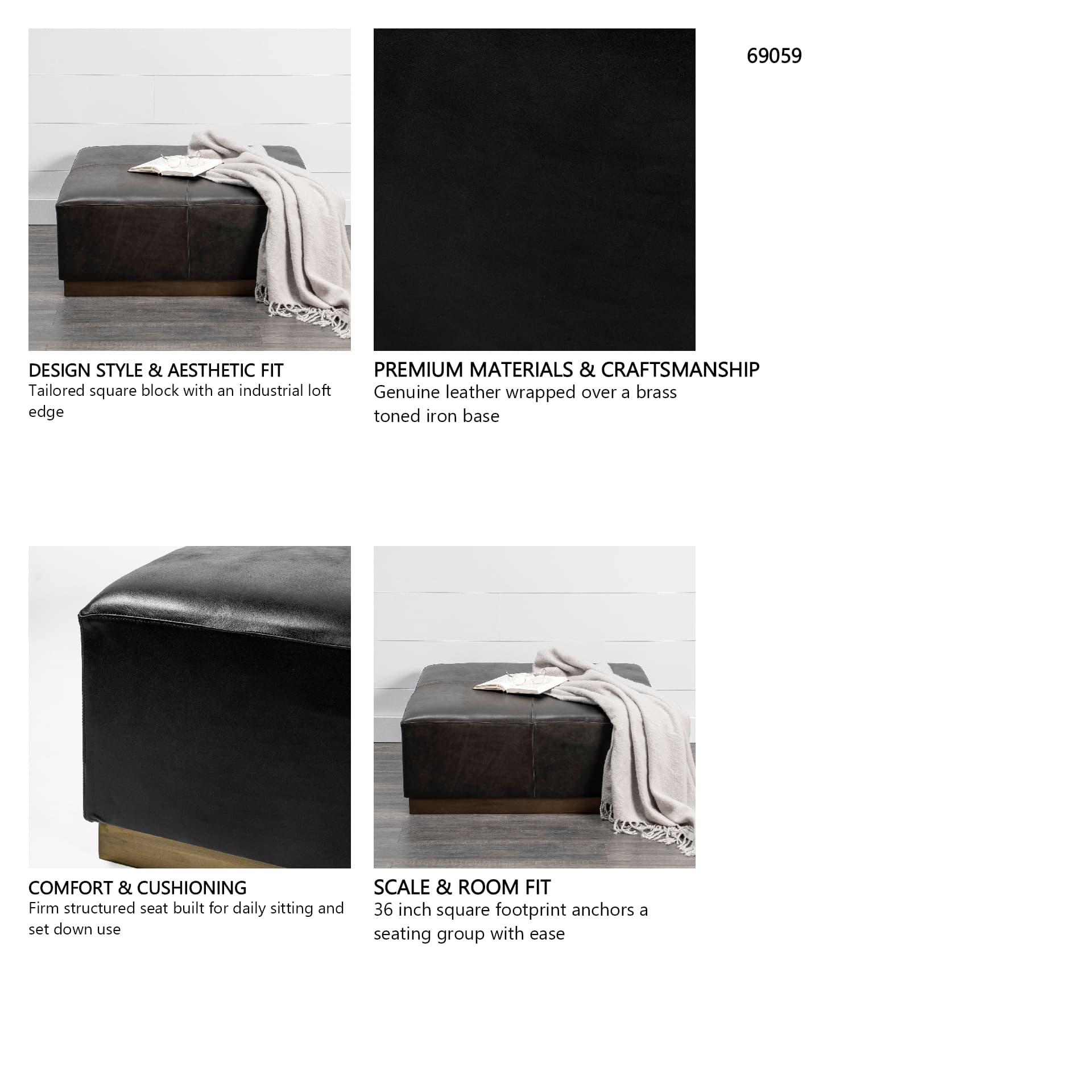 Minara 36" Square Black Leather Wrapped w/Metal Base Ottoman — in a styled room