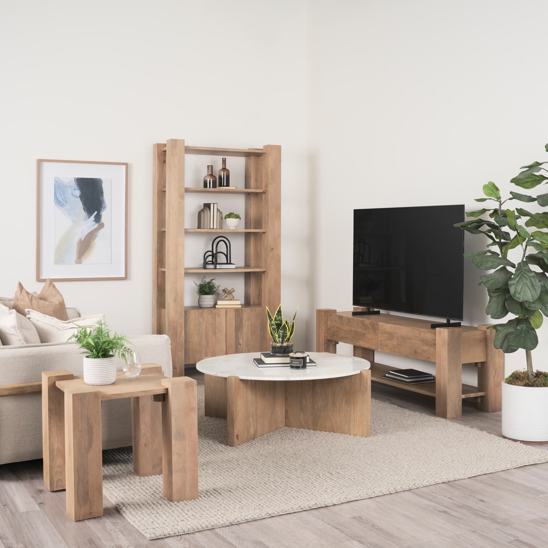 Beth Light Brown Wood Media Console — in a styled room
