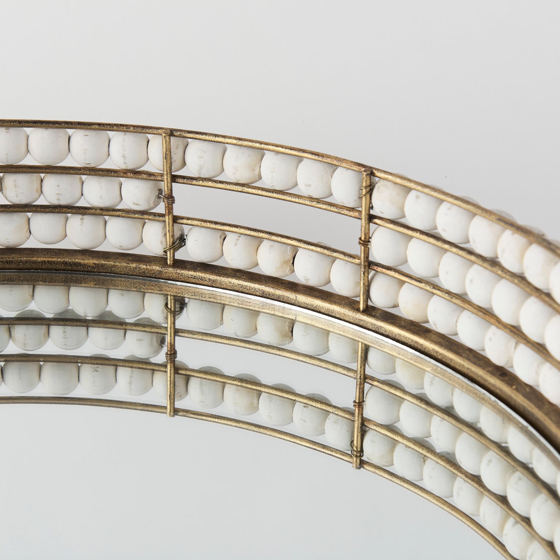 Decatur I 21L x 21W White Wooden Bead Mirrored Bottom Round Tray — product photograph