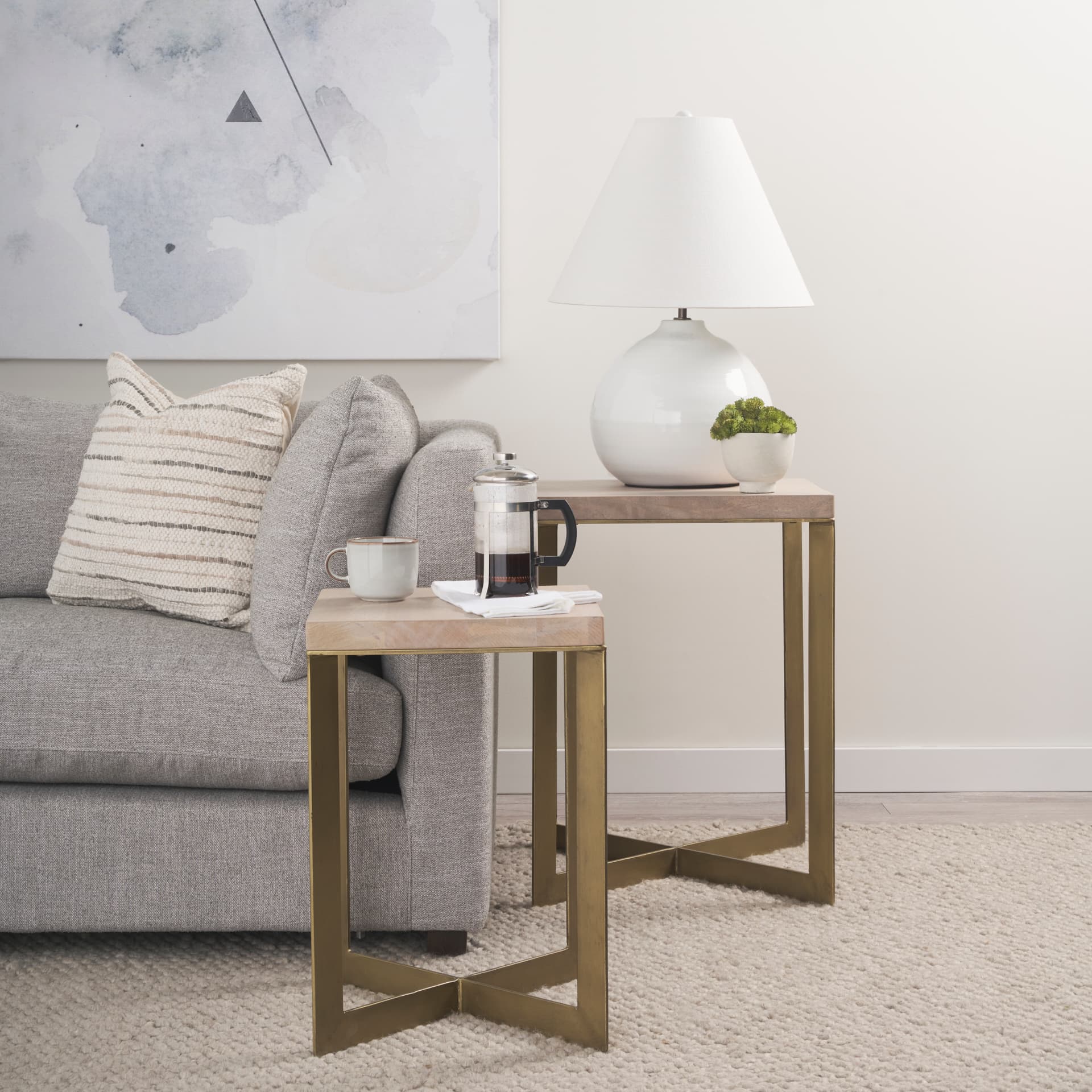 Faye (Set of 2) 19L x 19W x 26H Beige Finished Wood W/ Gold Metal Base Accent Tables — product photograph