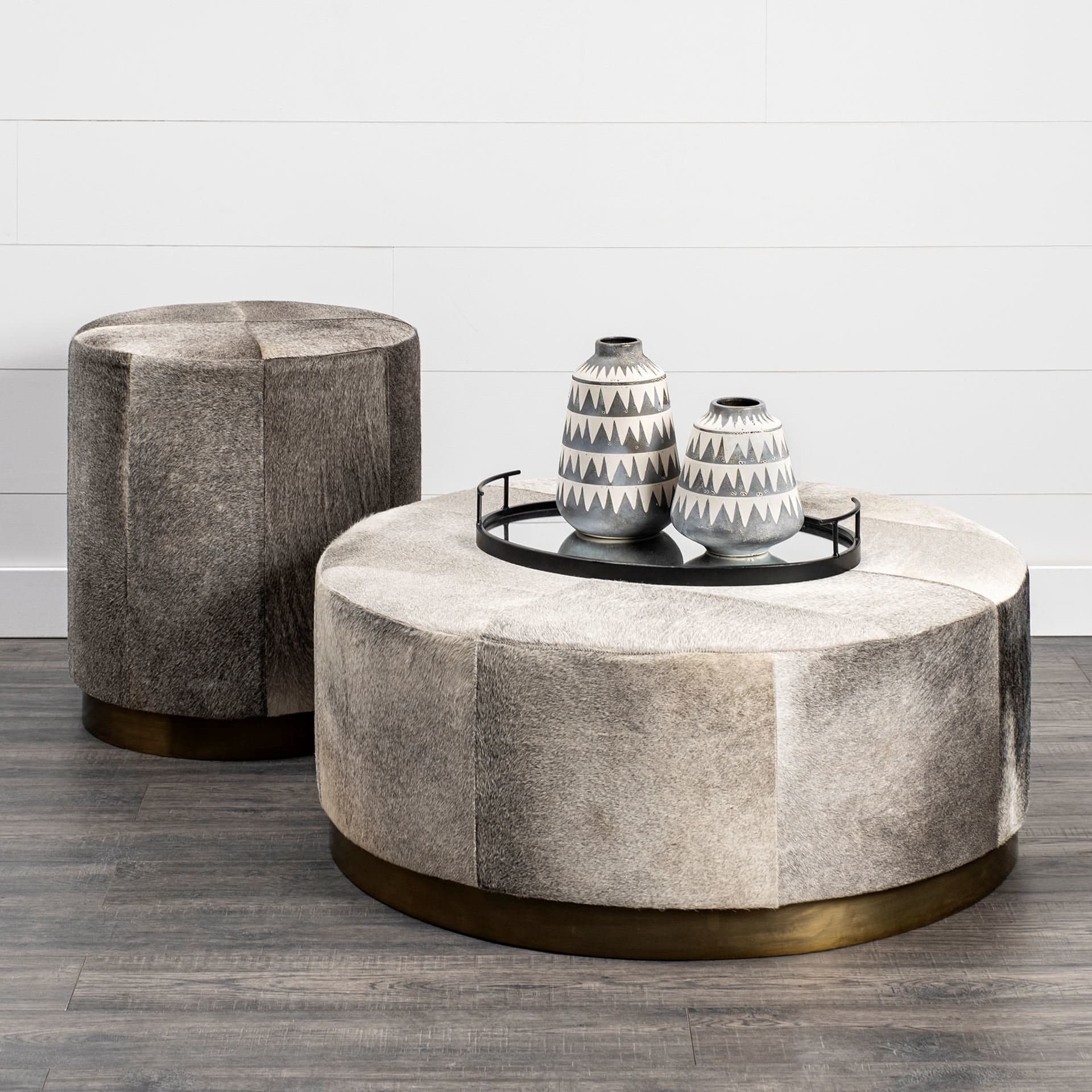 Zahavi 36" Gray Hair-On-hide W/Metal Base Ottoman — in a styled room