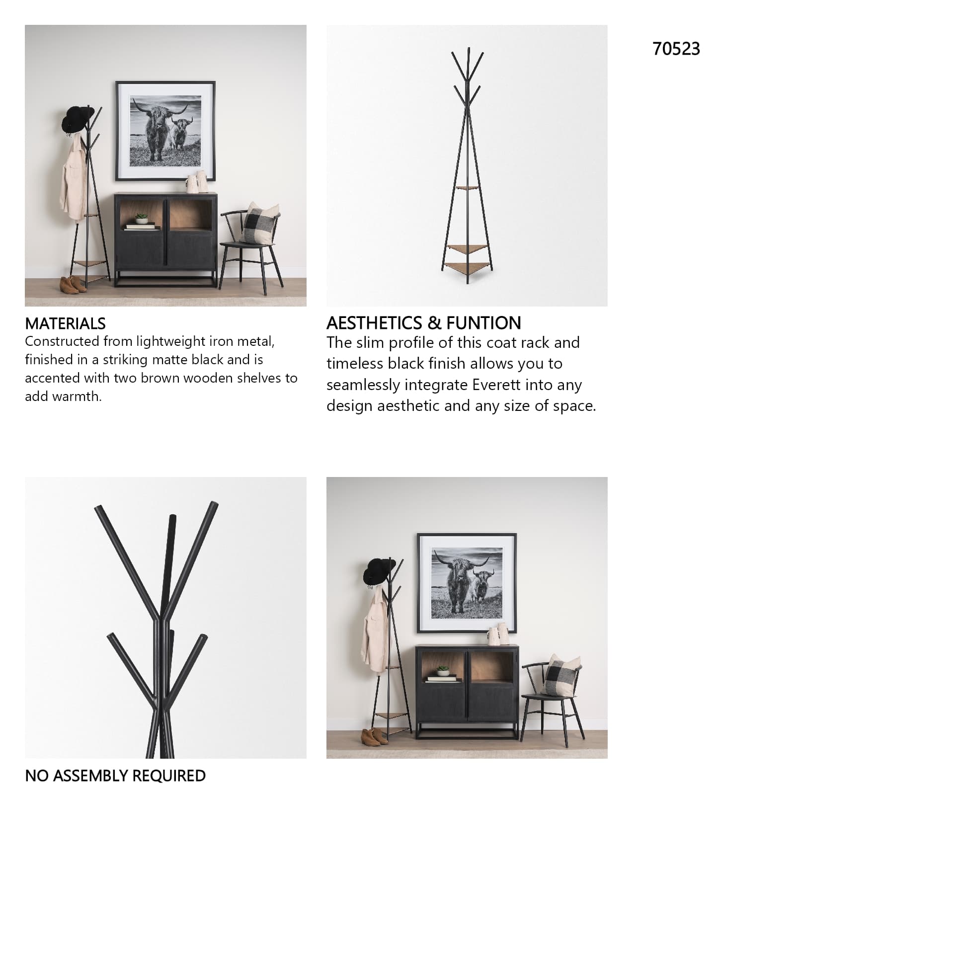 Everett Matte Black Metal w/ Two Wood Shelves Coat Rack — in a styled room