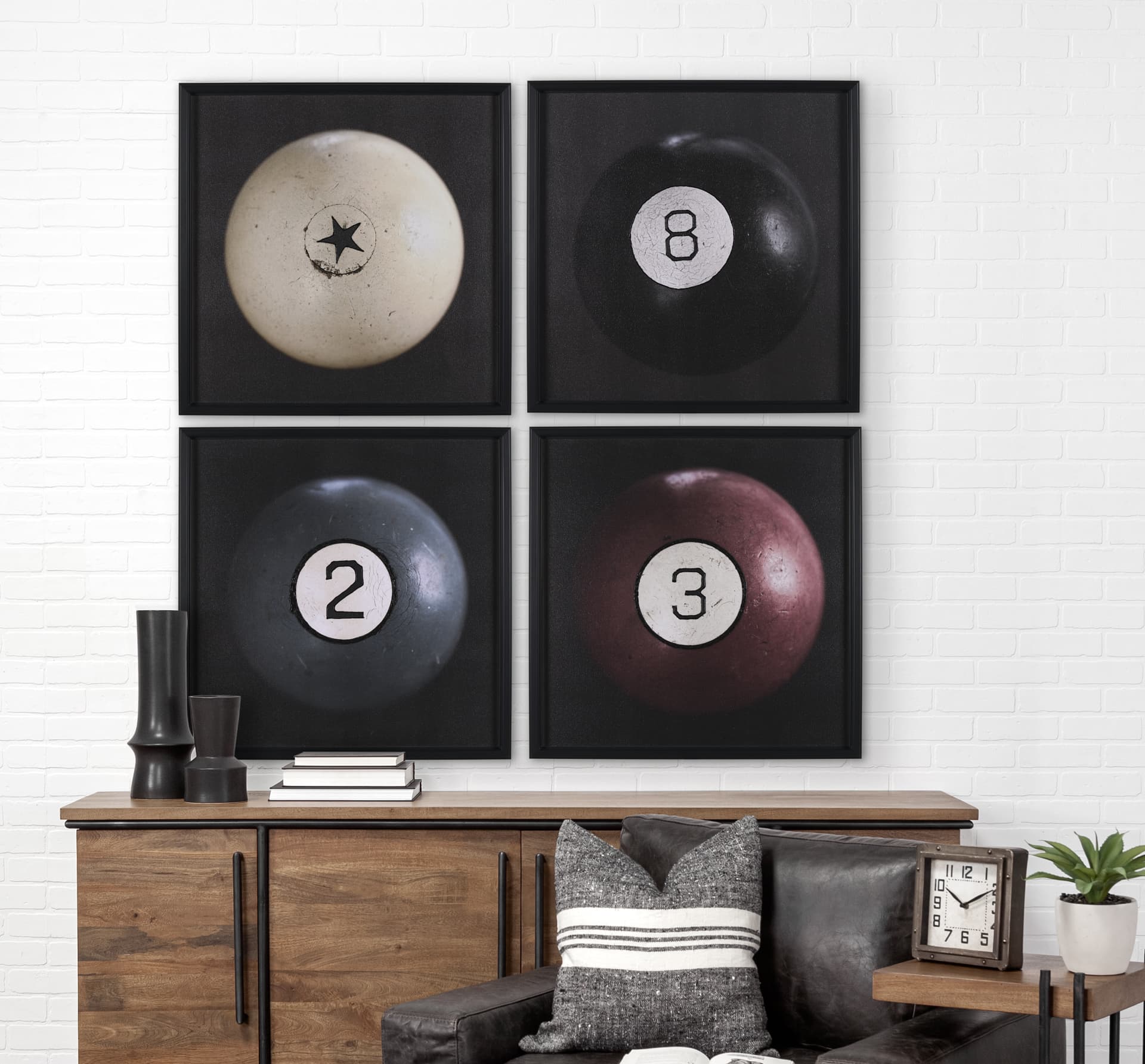 Billiard III 2 Ball by Chris Dunker a Hand Embelished Textured Framed Art Decograph Print — in a styled room