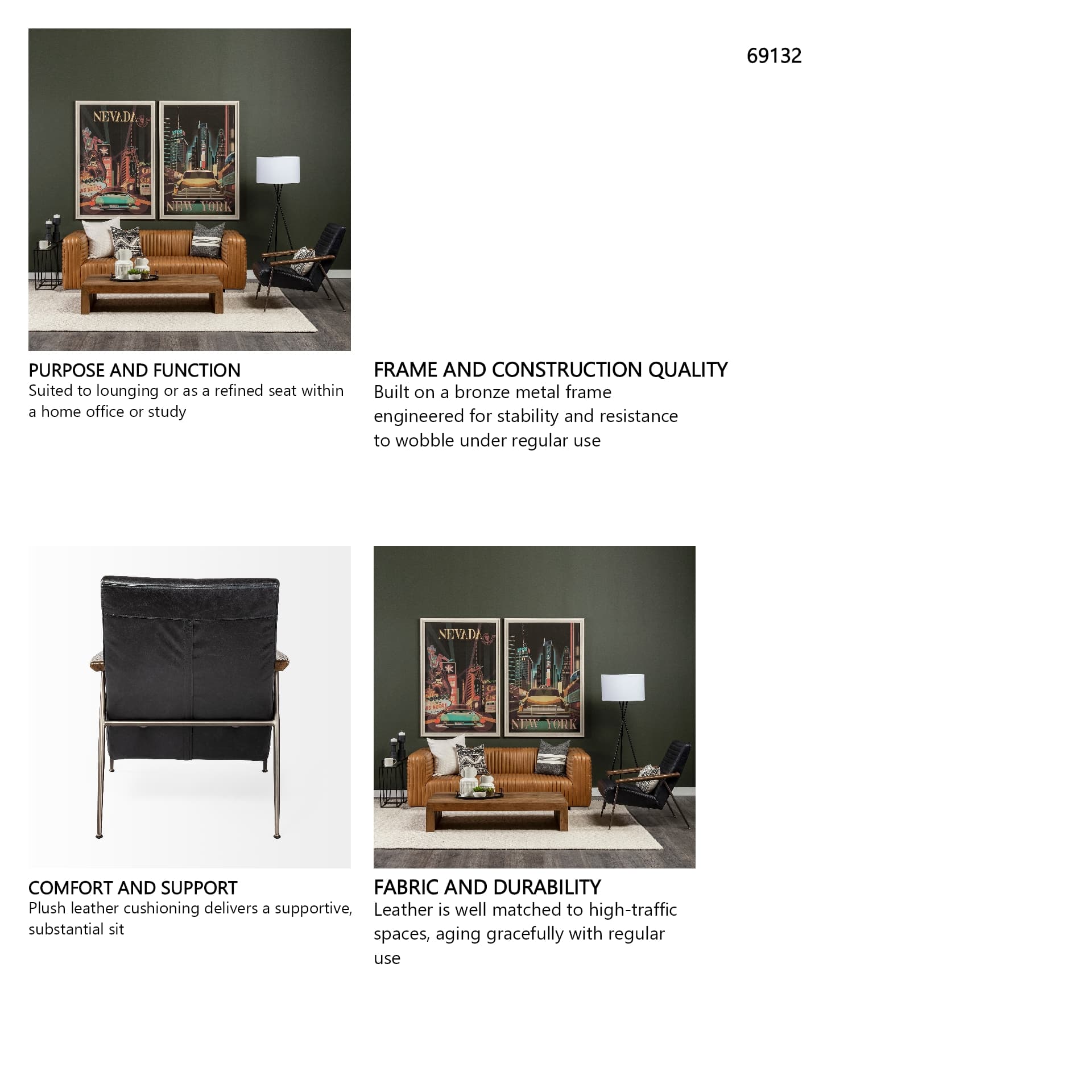 Grosjean Black Leather Wrap Metal Frame Accent Chair — in a styled room