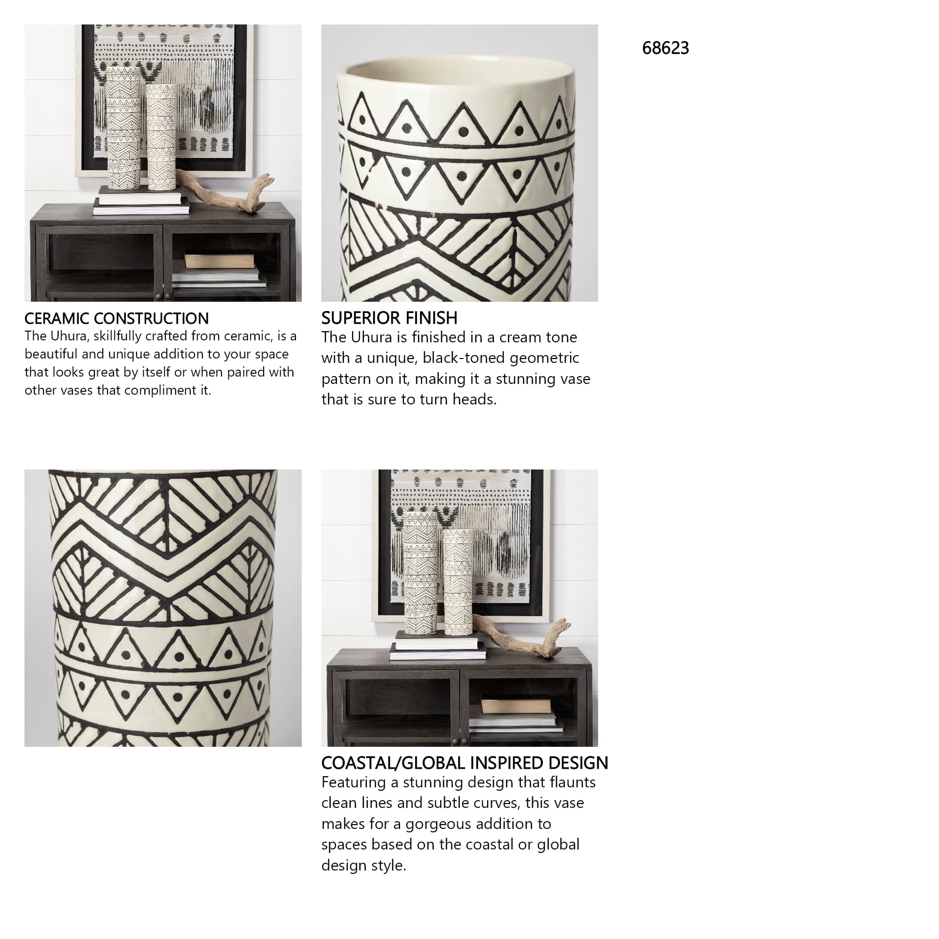 Uhura I Small Cream Black Patterned Cylindrical Vase — in a styled room