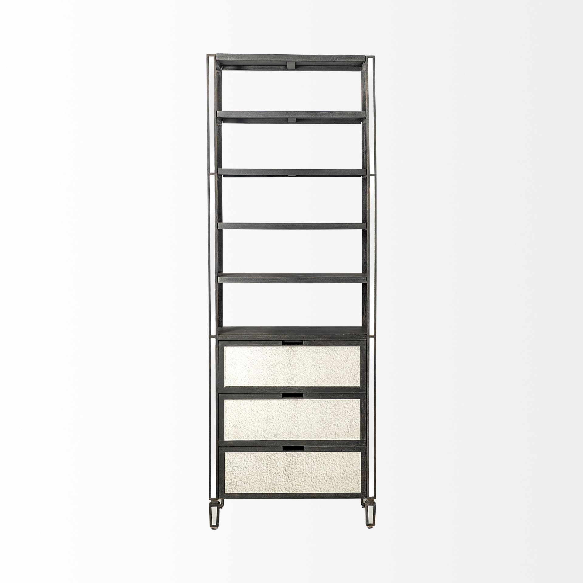 Sunnyvale 32L x 18W x 90H Dark Brown Solid Wood and Mirrored Glass Four Shelf Shelving Unit — product photograph