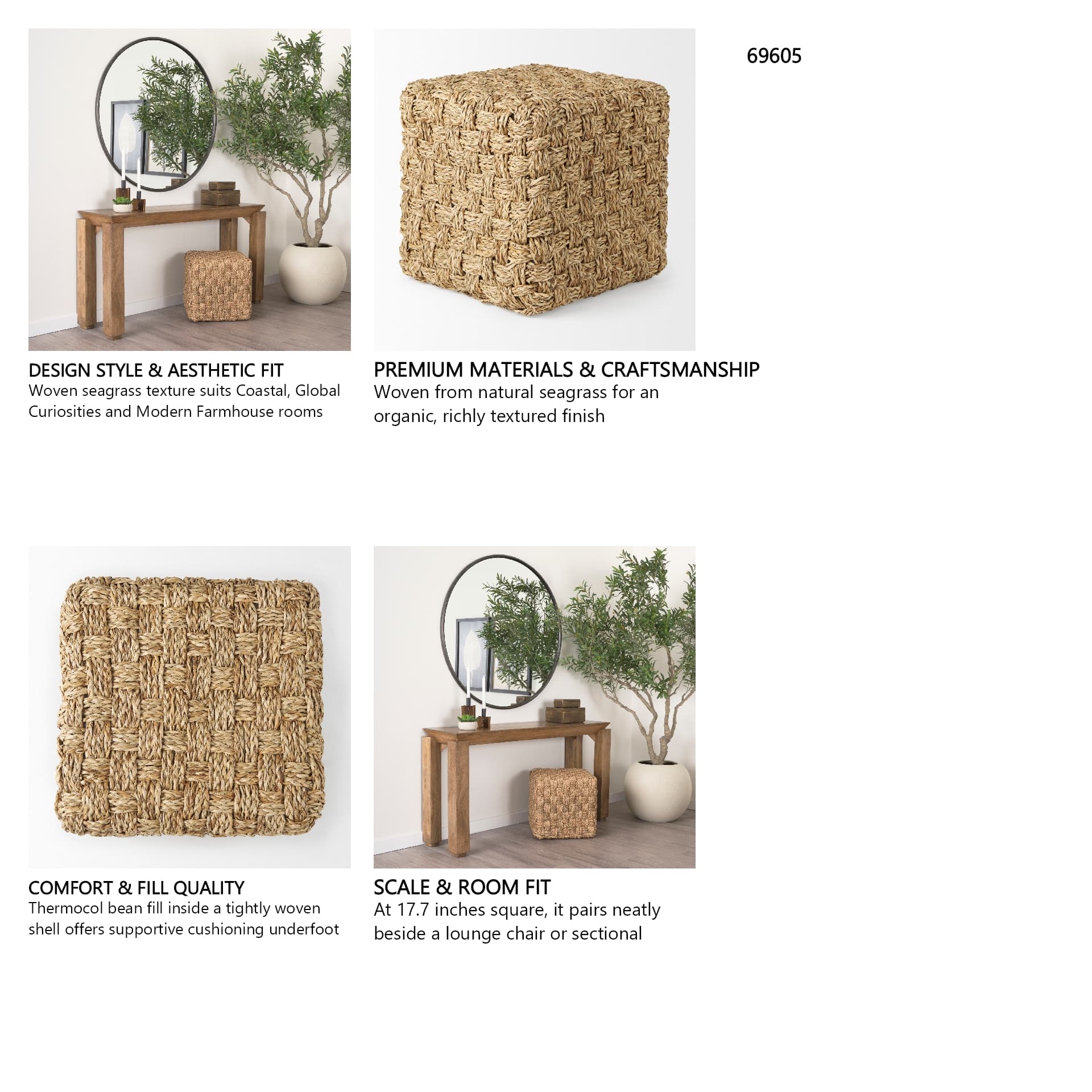 Adele 17.7L x 17.7W x 17.7H Medium Brown Seagrass Woven Square Pouf — in a styled room