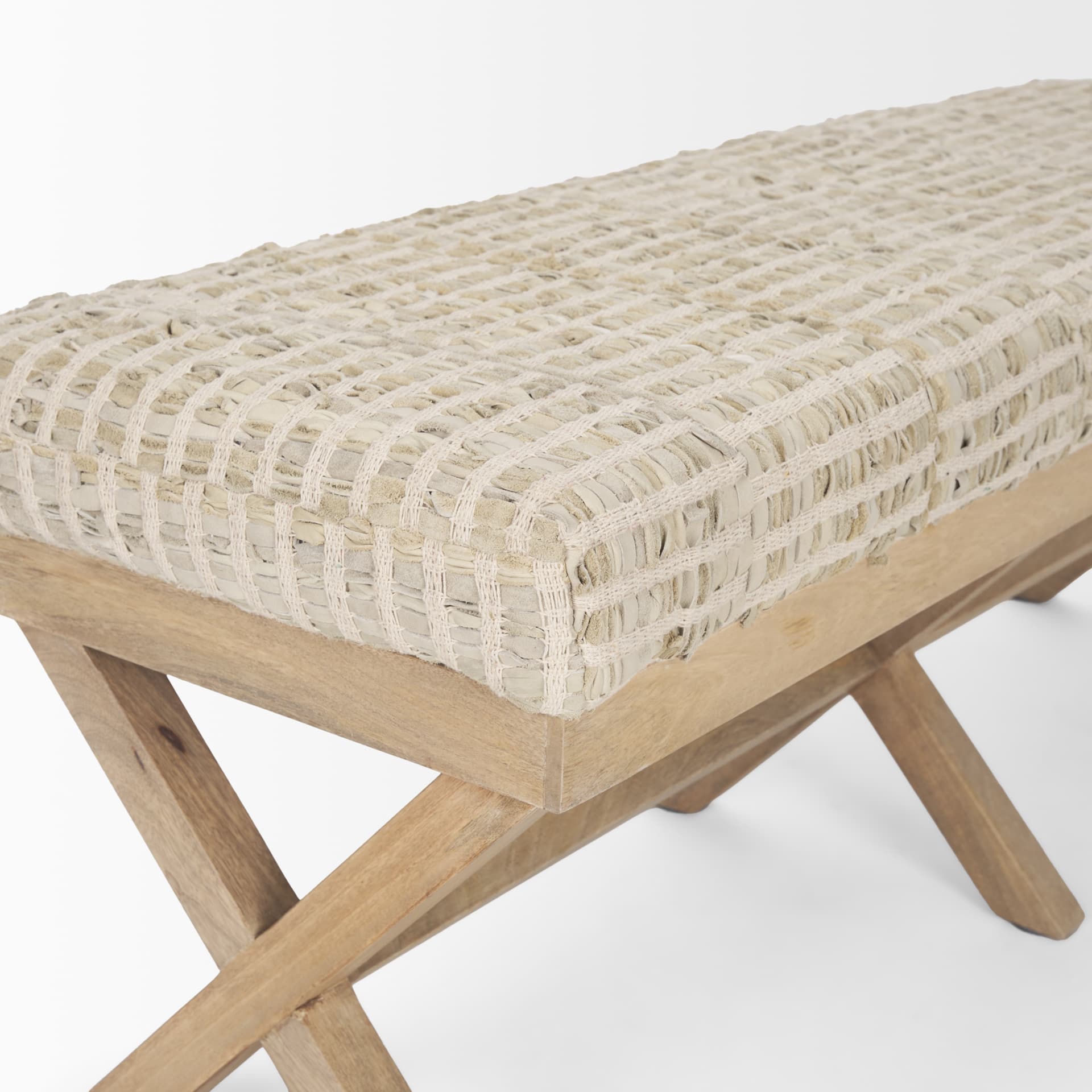 Solis II 50L x 16W Brown Base Beige Woven Leather Cushion Accent Bench — product photograph