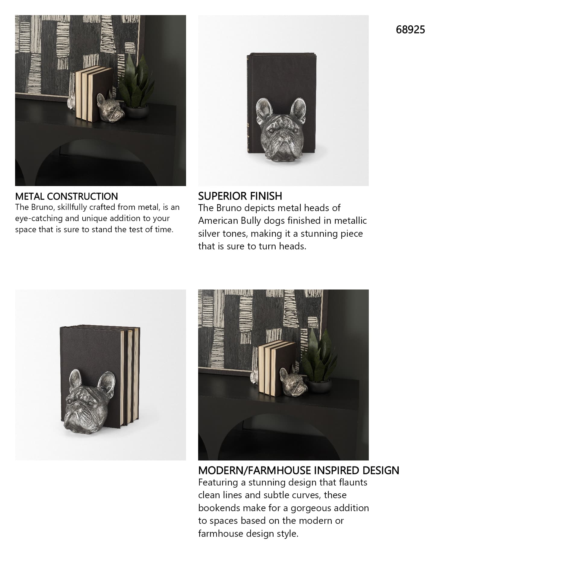Bruno (Set of 2) 5L x 5W Silver American Bulldog Bookends — in a styled room
