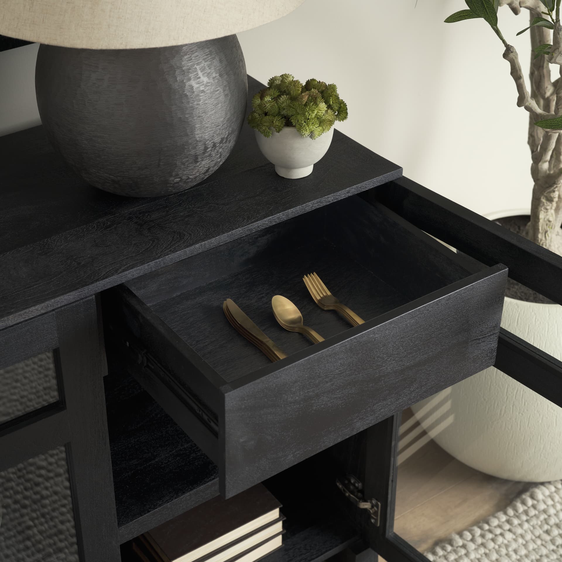Suri Black Wood w/ Glass 4-Door Closed Sideboard — product photograph
