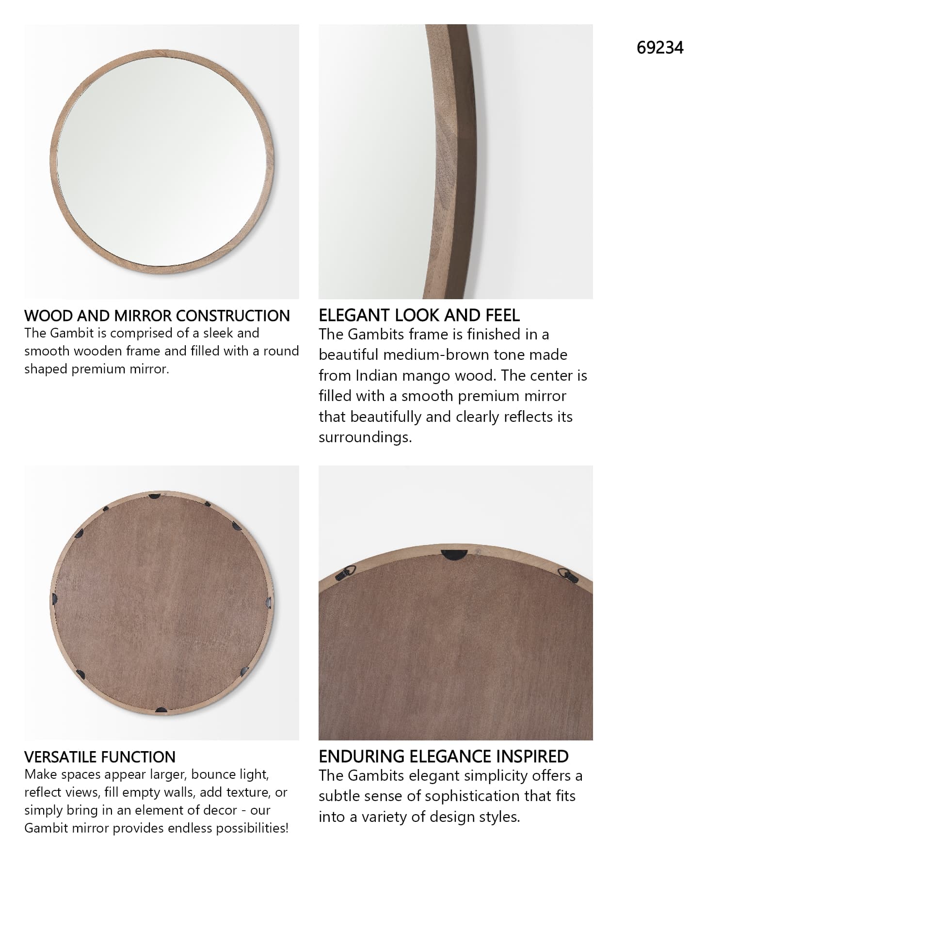 Gambit 46" Round Light Brown Wood Frame Wall Mirror — in a styled room