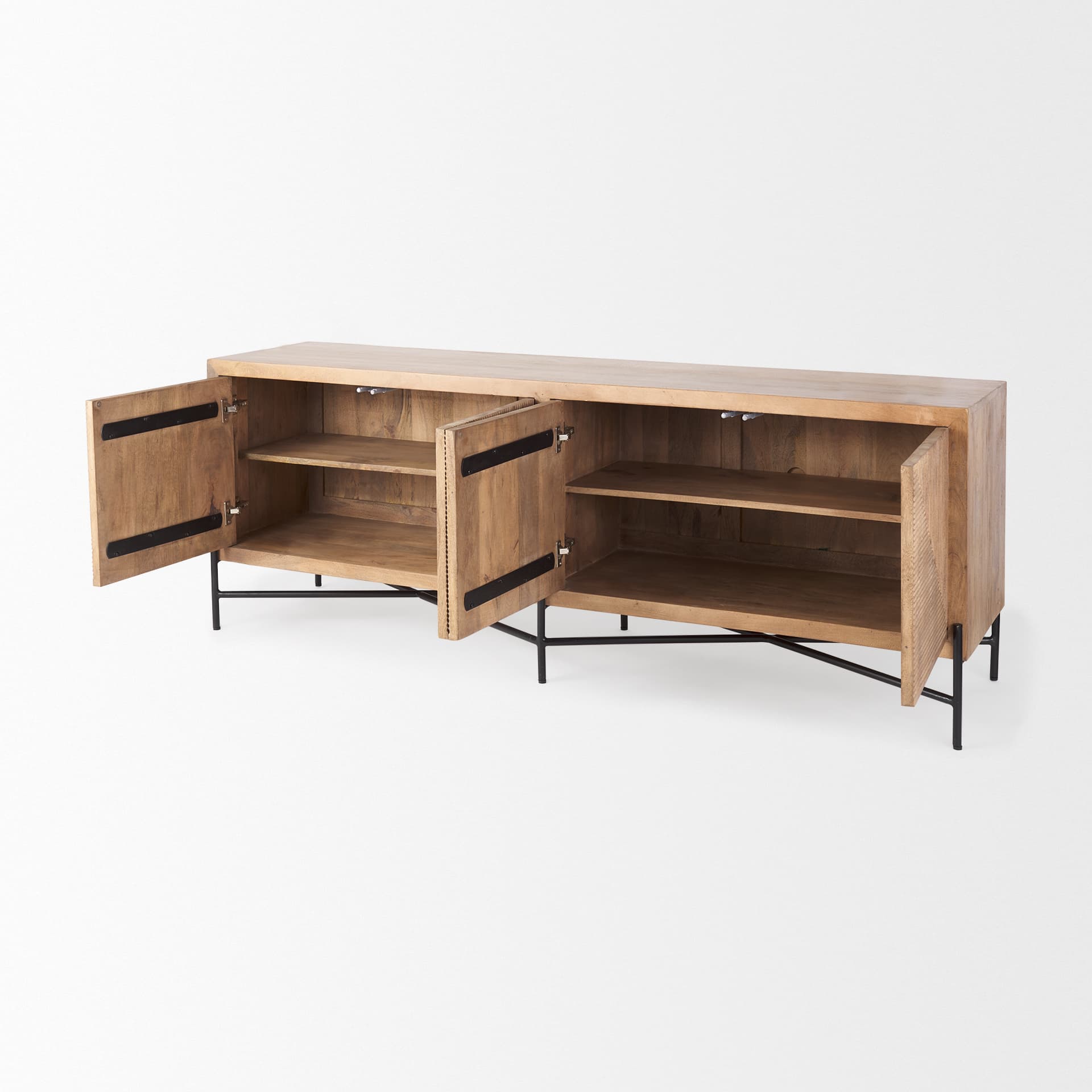 Cairo 78x19 Brown Solid Wood Black Metal Base 4 Door Cabinet Sideboard — product photograph