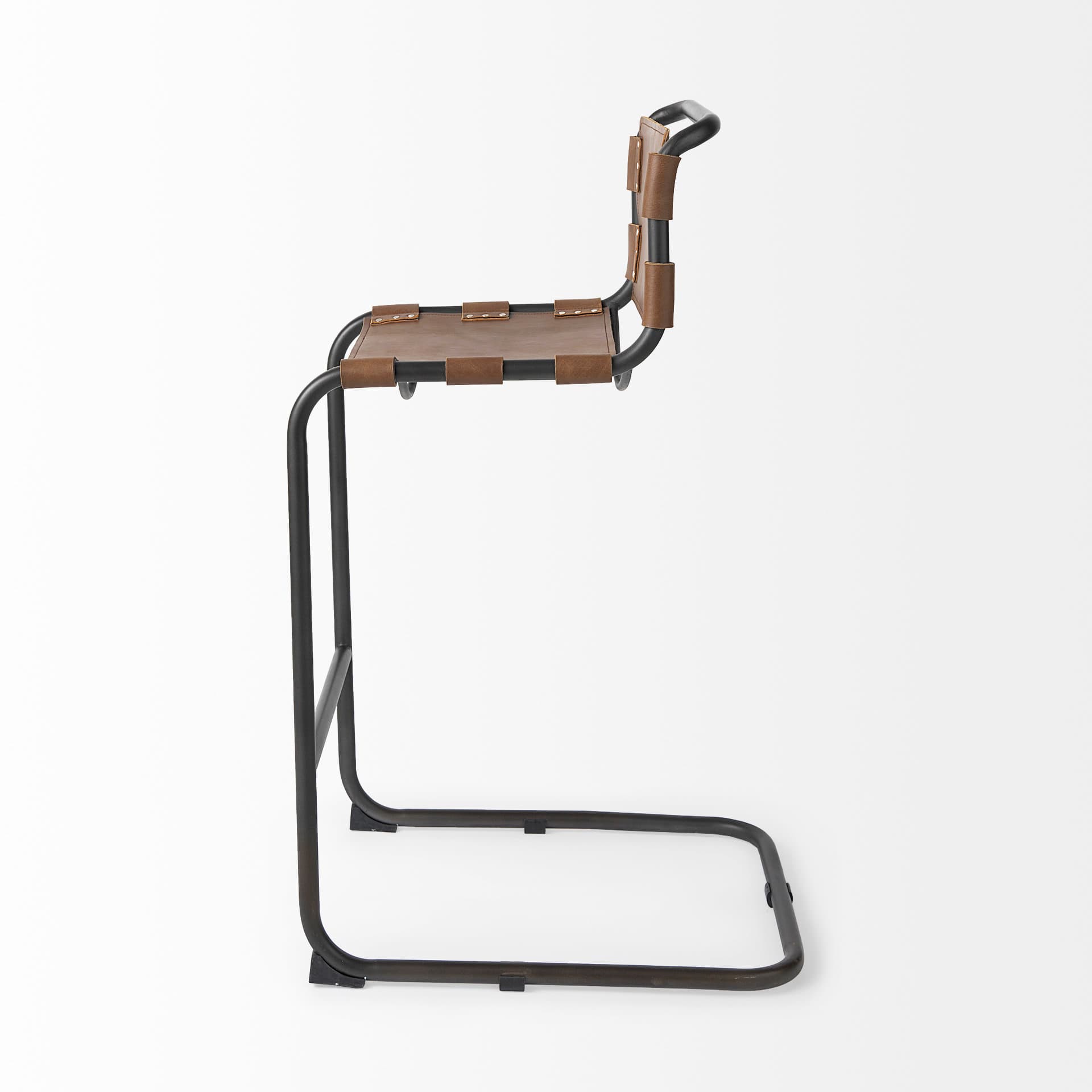Berbick Low Back 30in Seat Bar Stool | Brown Leather w/ Gray Metal — product photograph