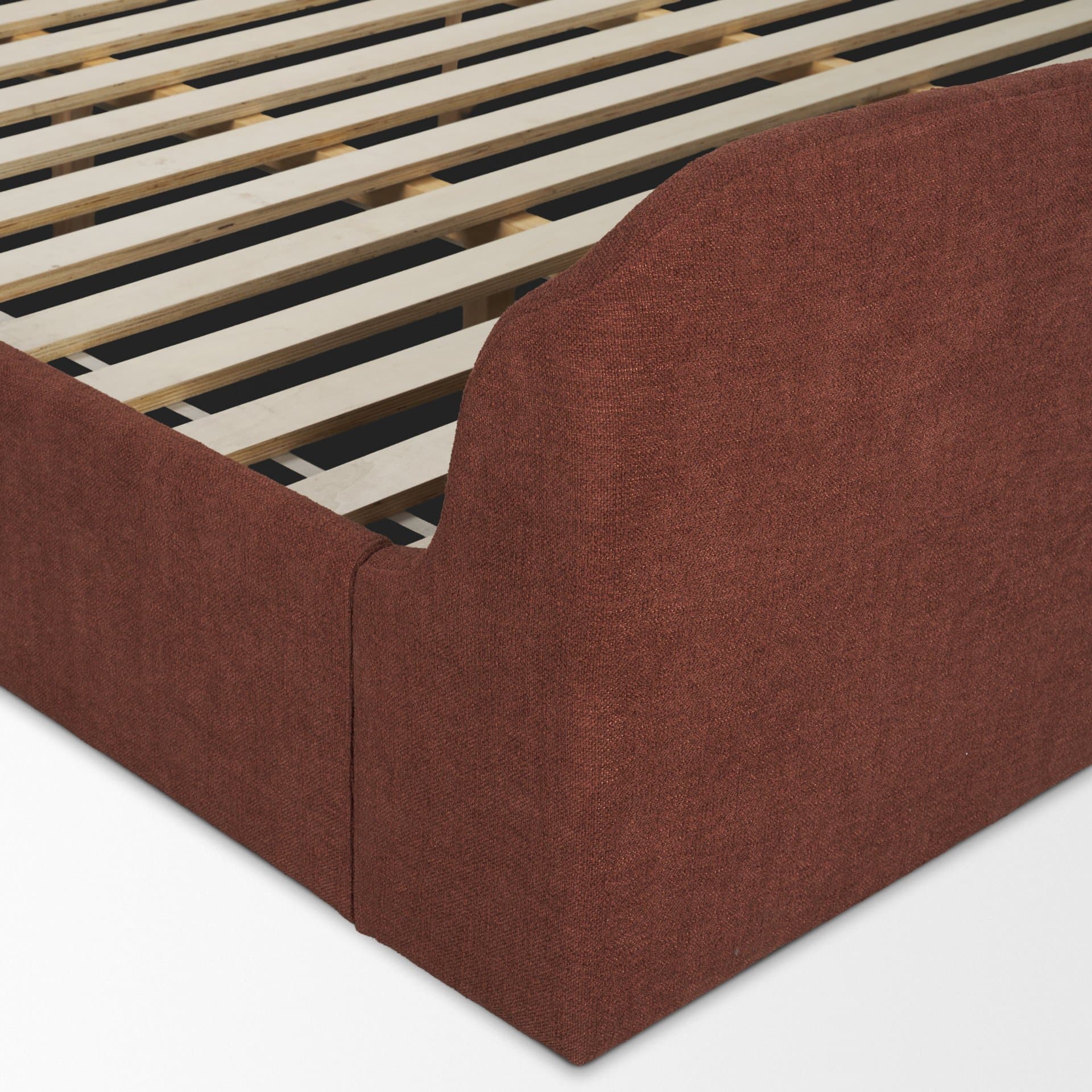Solene King Upholstered Bedframe w/ Footbed | Curved Headboard | Burgundy Fabric — product photograph