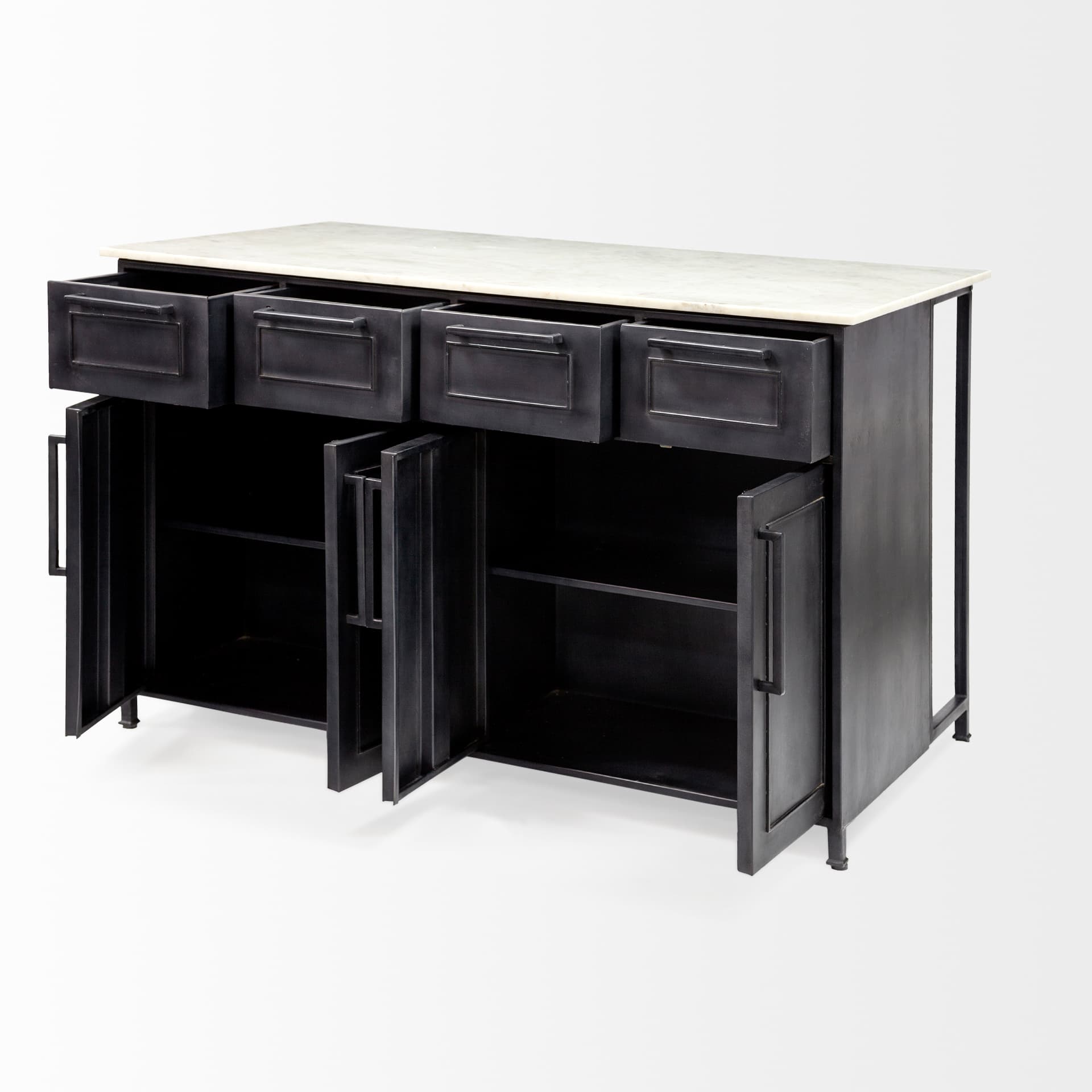 Fieri Solid Iron Black Body White Marble Top Four Drawer Kitchen Island — product photograph