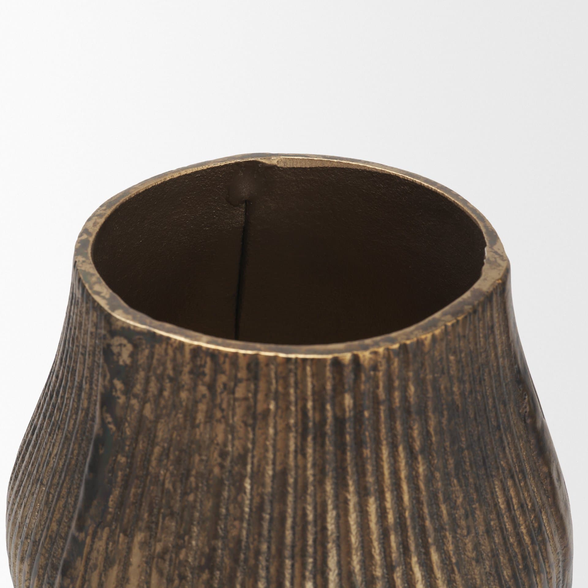 Patine Wide Antiqued Brass Metal Fluted Decorative Vase — product photograph