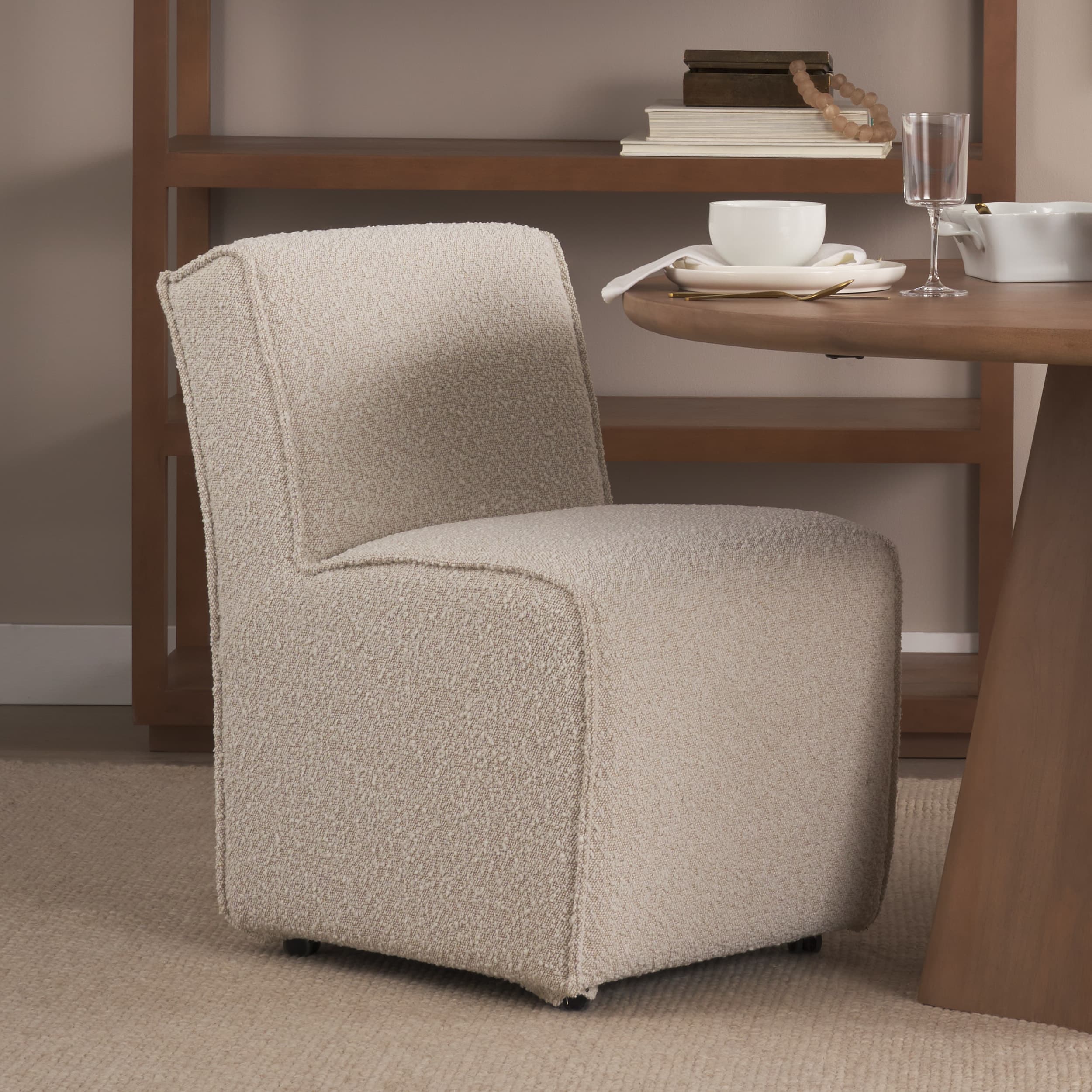 Damon Barrel Back Dining Arm Chair | Cream Fabric w/ Caster Base — product photograph