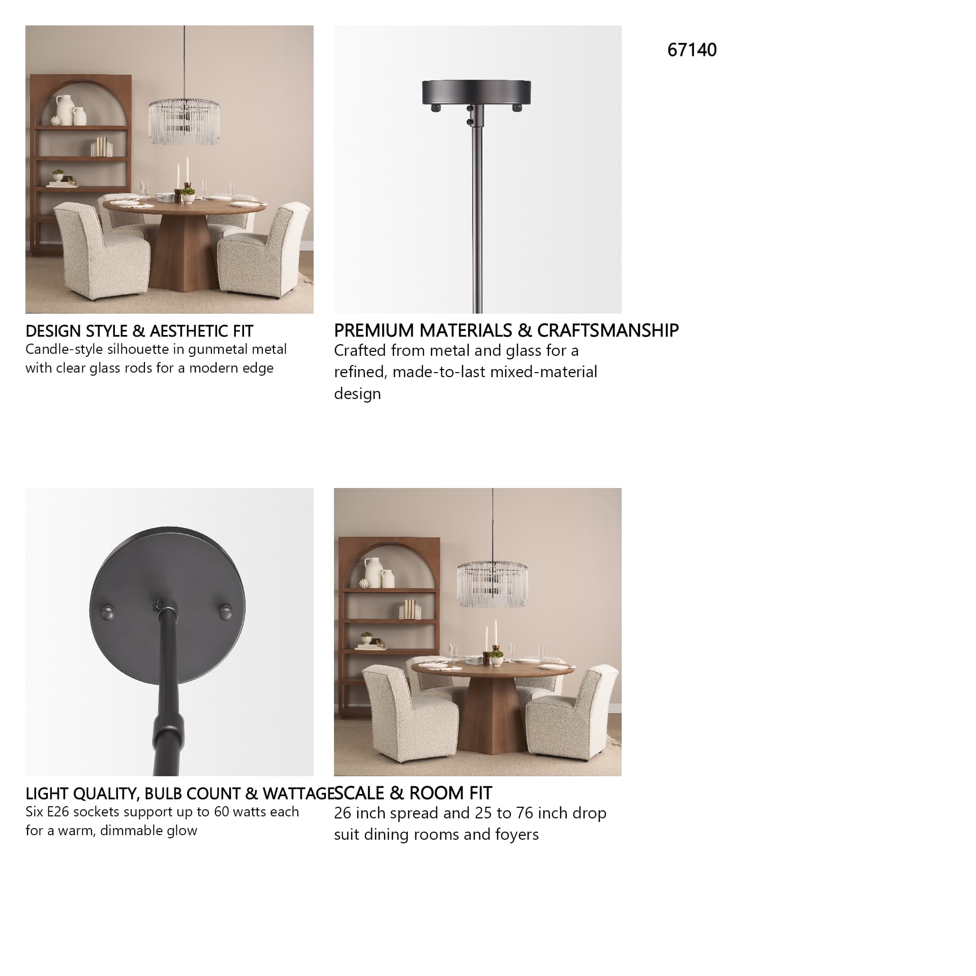 Anna (26"x14") Hanging Gun-Metal w/ Clear Glass Rods Six Bulb Chandelier — in a styled room