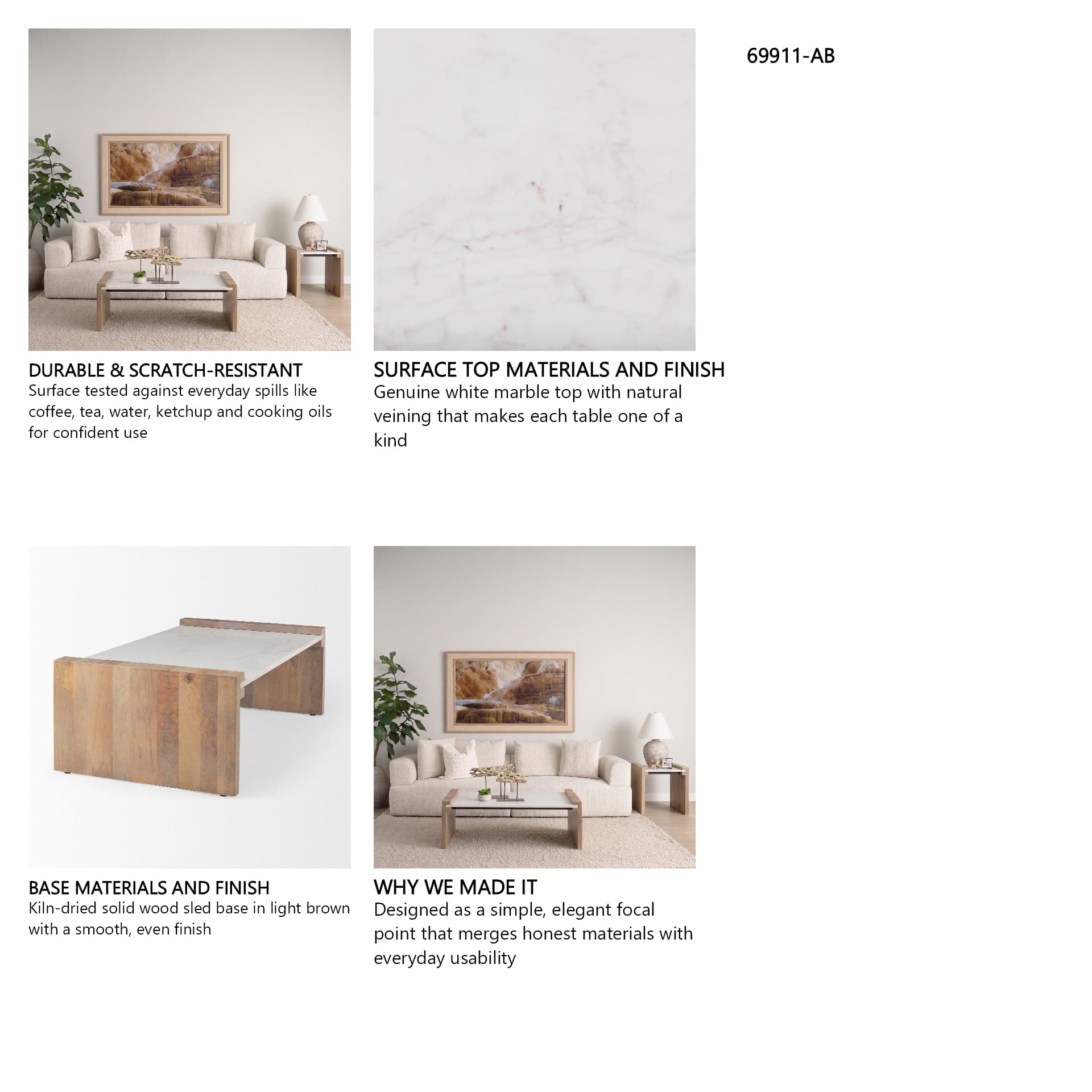 Athens 48.0L x 28.0W x 16.0H Light Brown Wood and White Marble Coffee Table — in a styled room