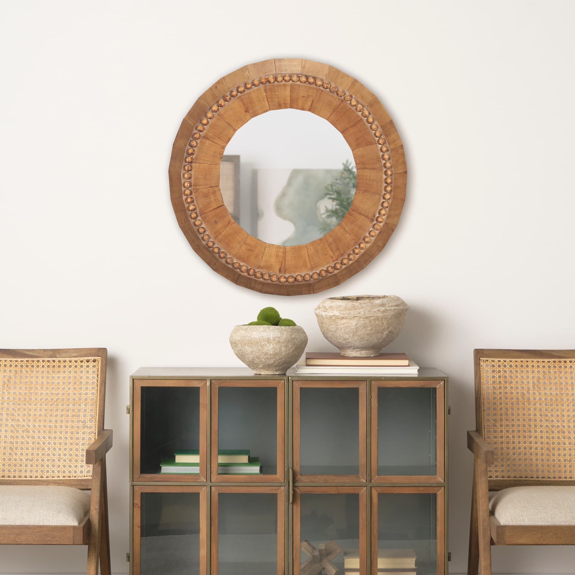 Ranela Light Brown Beaded Wooden Wall Mirror — in a styled room