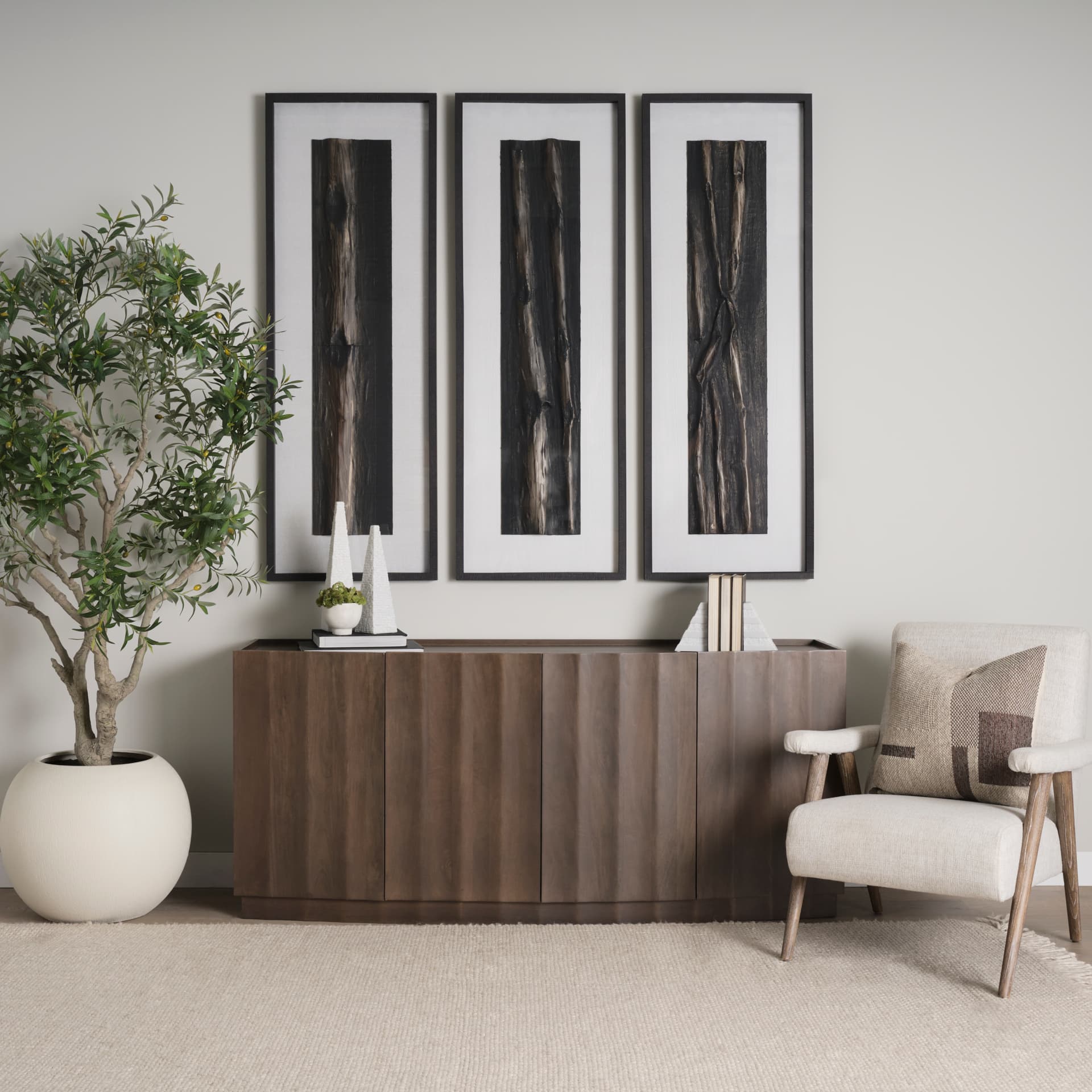 Swanson Dark Brown Wooden Scalloped Sideboard — in a styled room
