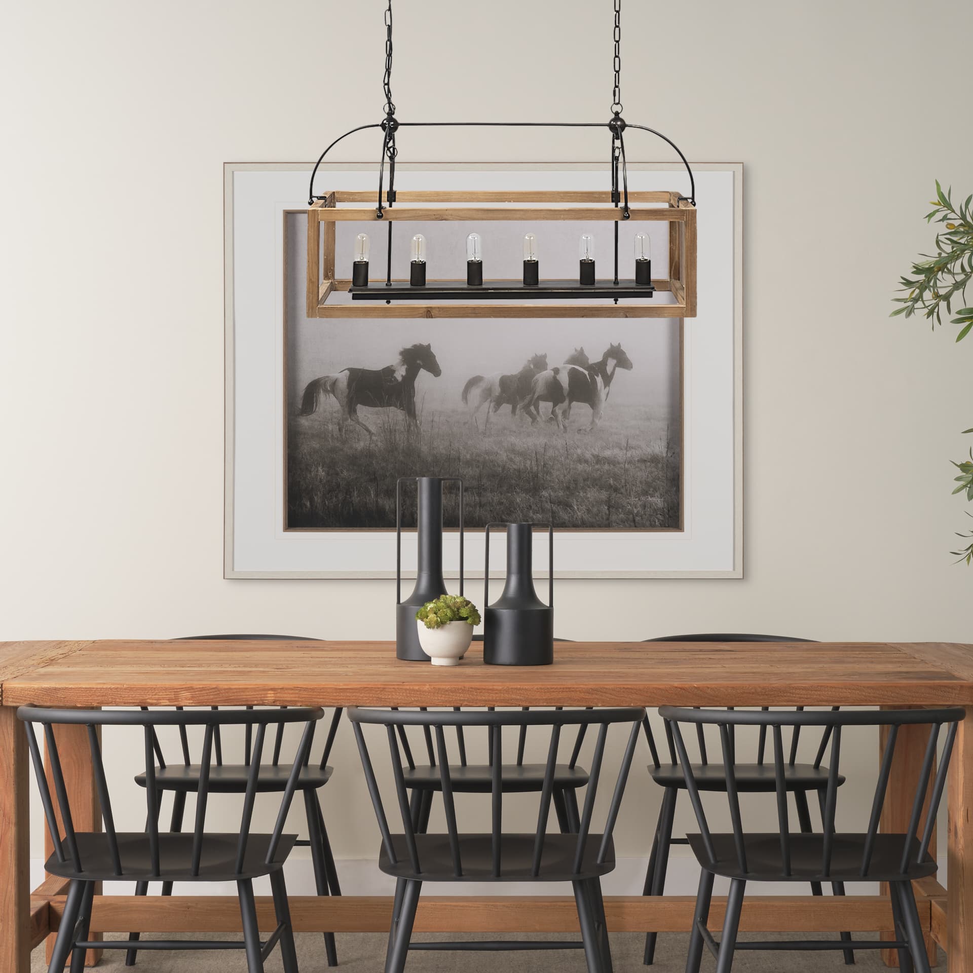 Josie (42"x14.5"x20") Natural Wood Chassis Six Light Chandelier — in a styled room