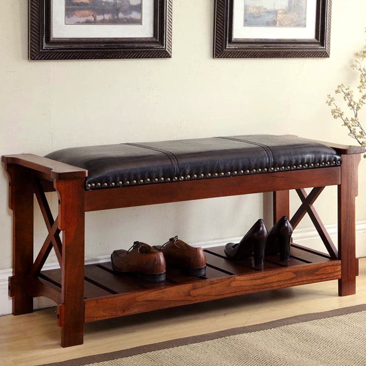 Padded Entryway Bench HR360 Cherry Finish — product photograph