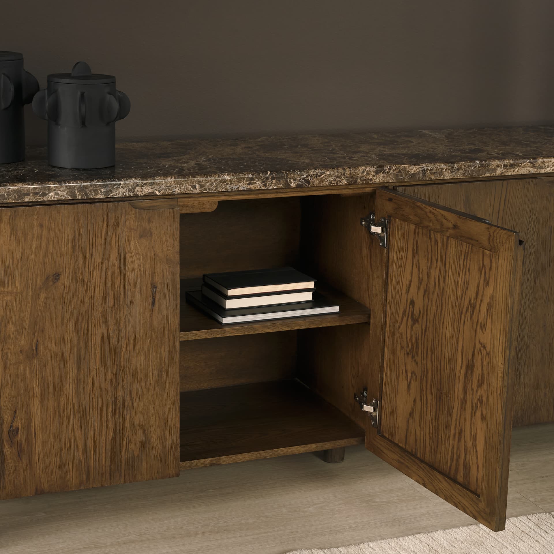 Kendrix Dark Brown Oak Wood Cappuccino Marble 4 Door Closed Sideboard — product photograph
