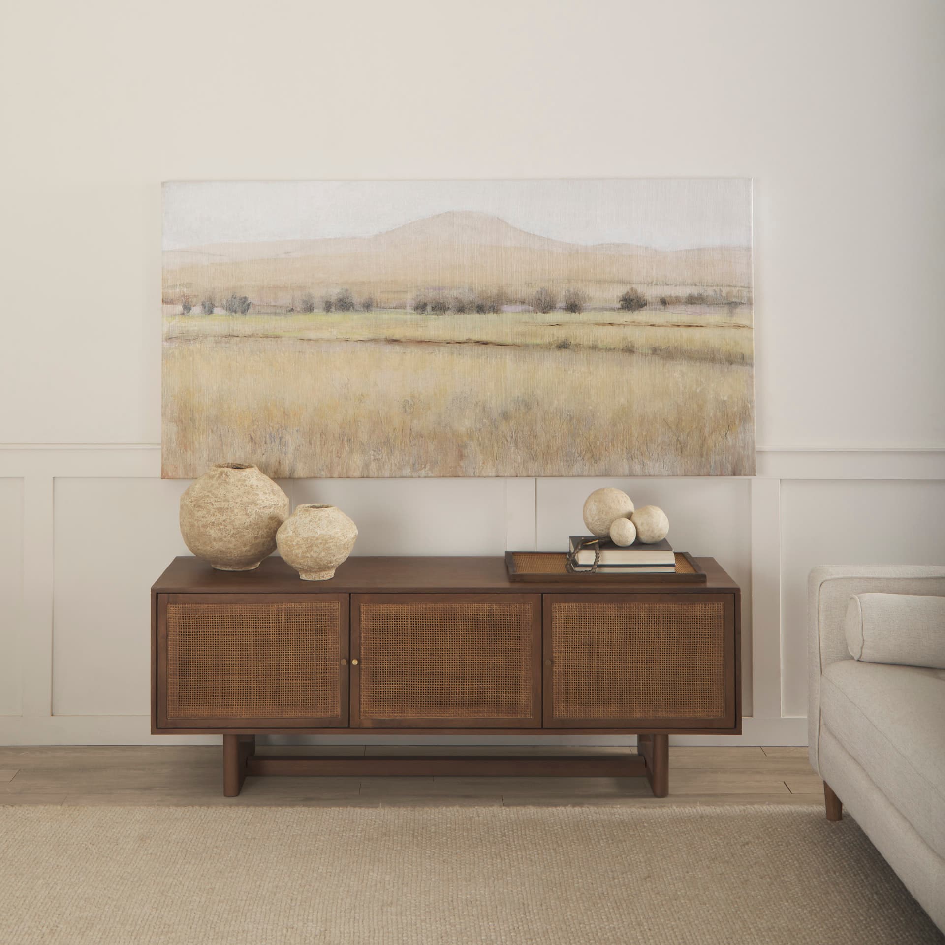 Ritu Large Beige Paper Mache Pot Vase — in a styled room