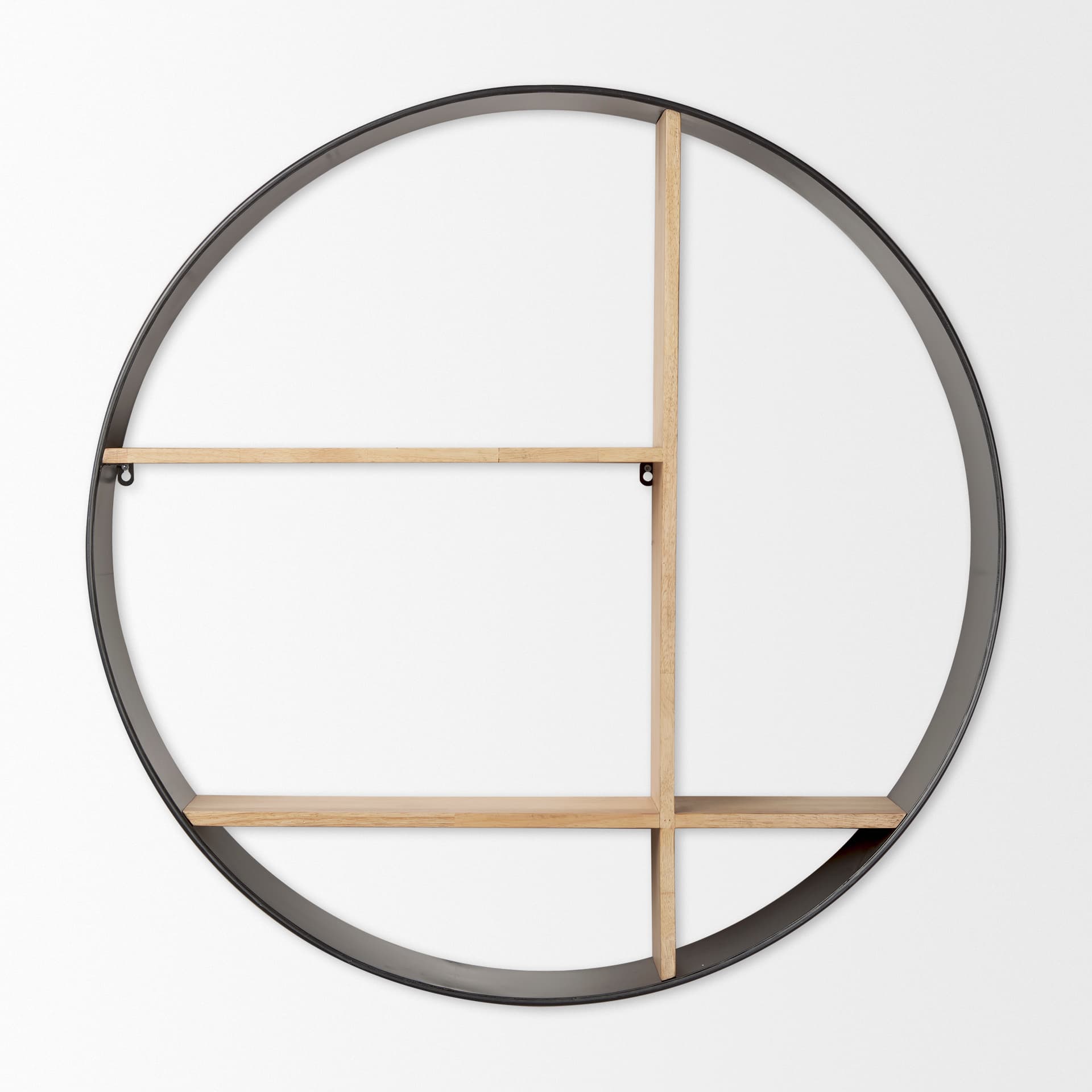 Hector 36.0L x 7.0W x 36.0H Brown Wood W/ Black Metal Round Wall Shelf — product photograph