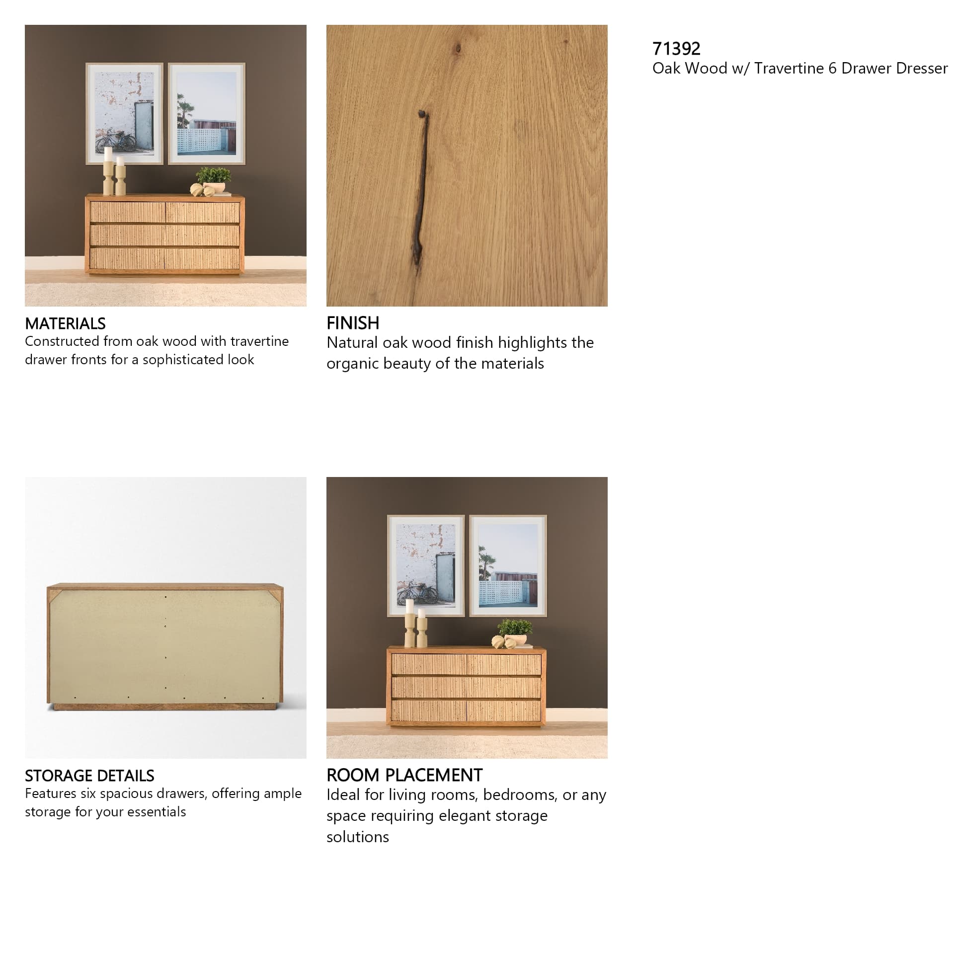 Travona Oak Wood w/ Travertine 6 Drawer Dresser — in a styled room