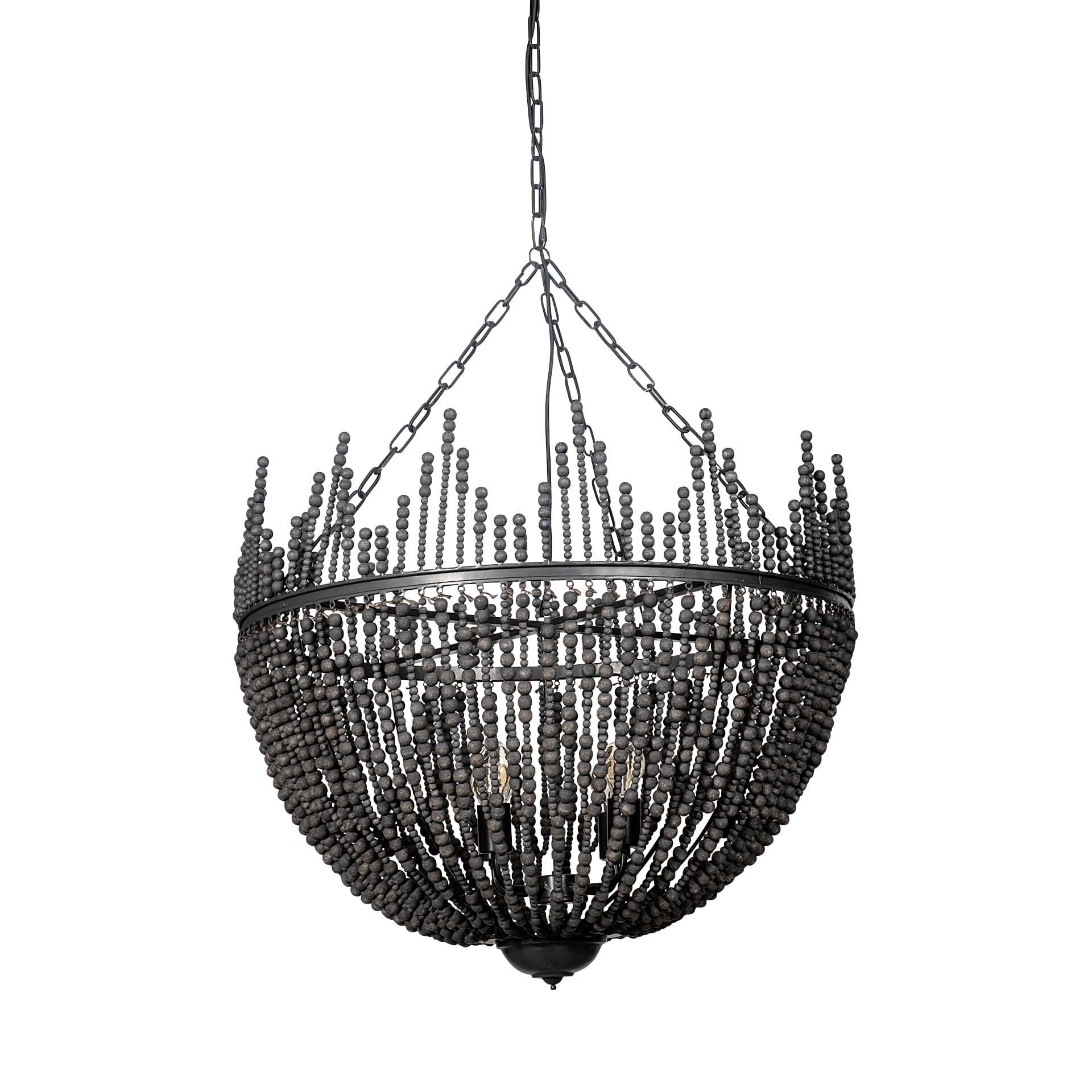 Liam I 32x30 Black Wooden Bead Bowl-Style Four Bulb Chandelier — product photograph