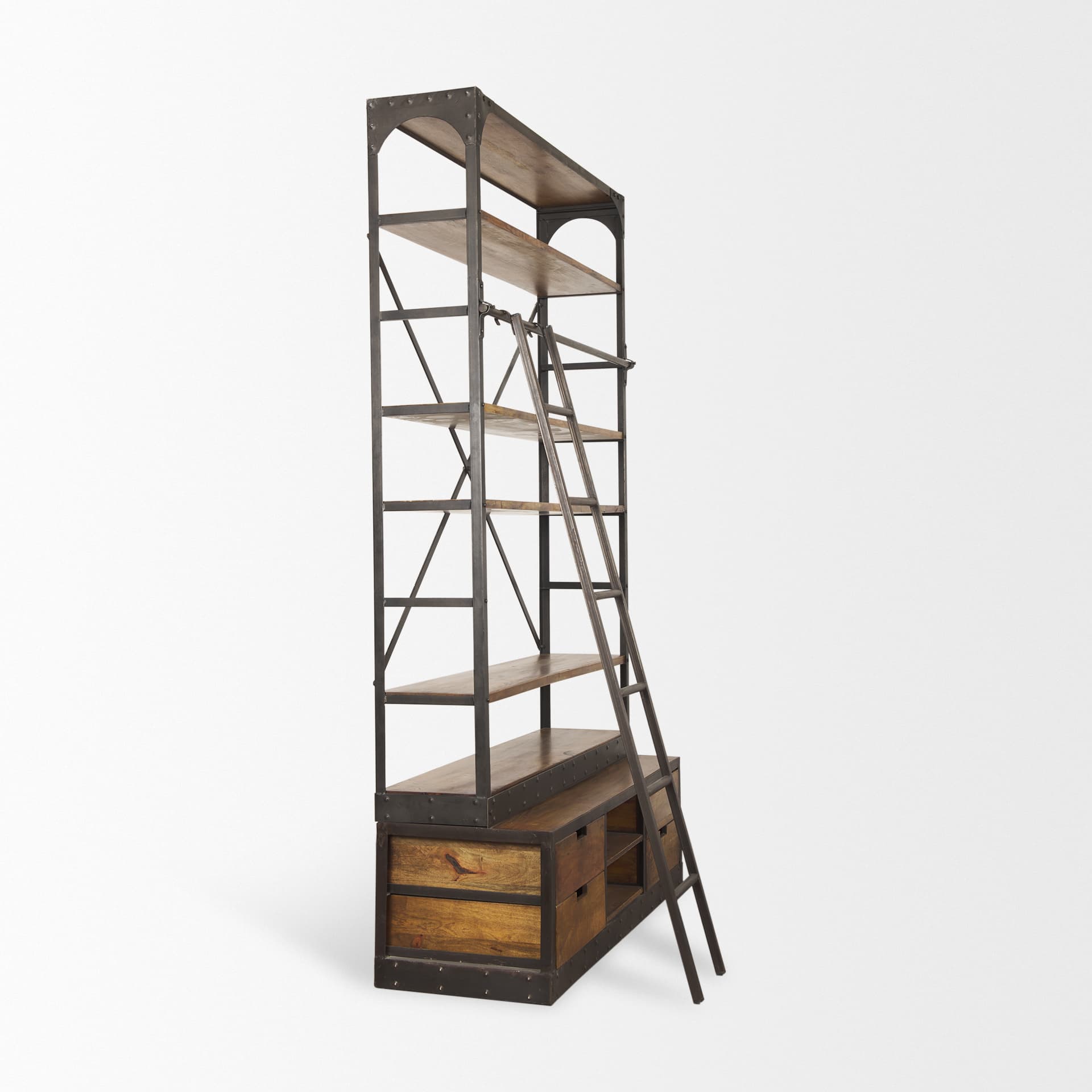 Brodie II Medium Brown Wood Black Ladder Four Shelf Shelving Unit 57L x 20.5W x94H — product photograph