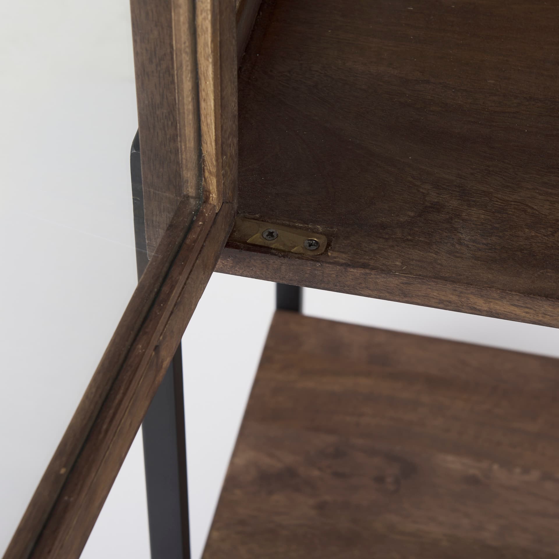 Arelius 36L x 18.75W x 63H Medium Brown Wood W/ Black Metal Base Display Cabinet — product photograph