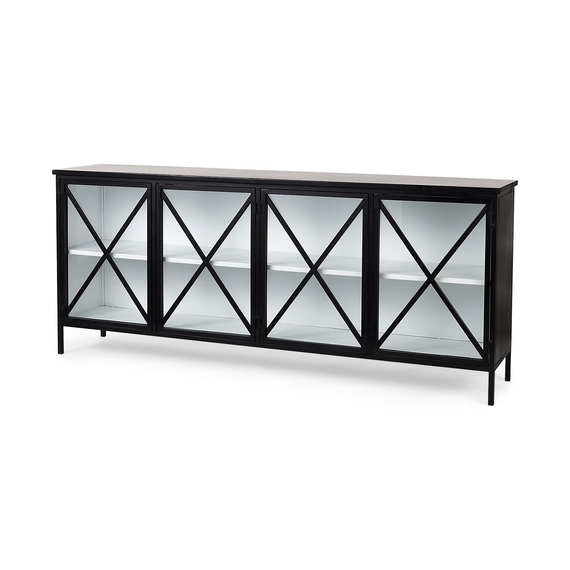 Aurelia 79.0L x 16.0W x 33.0H Black and White Metal Four Door Glass Cabinet — product photograph