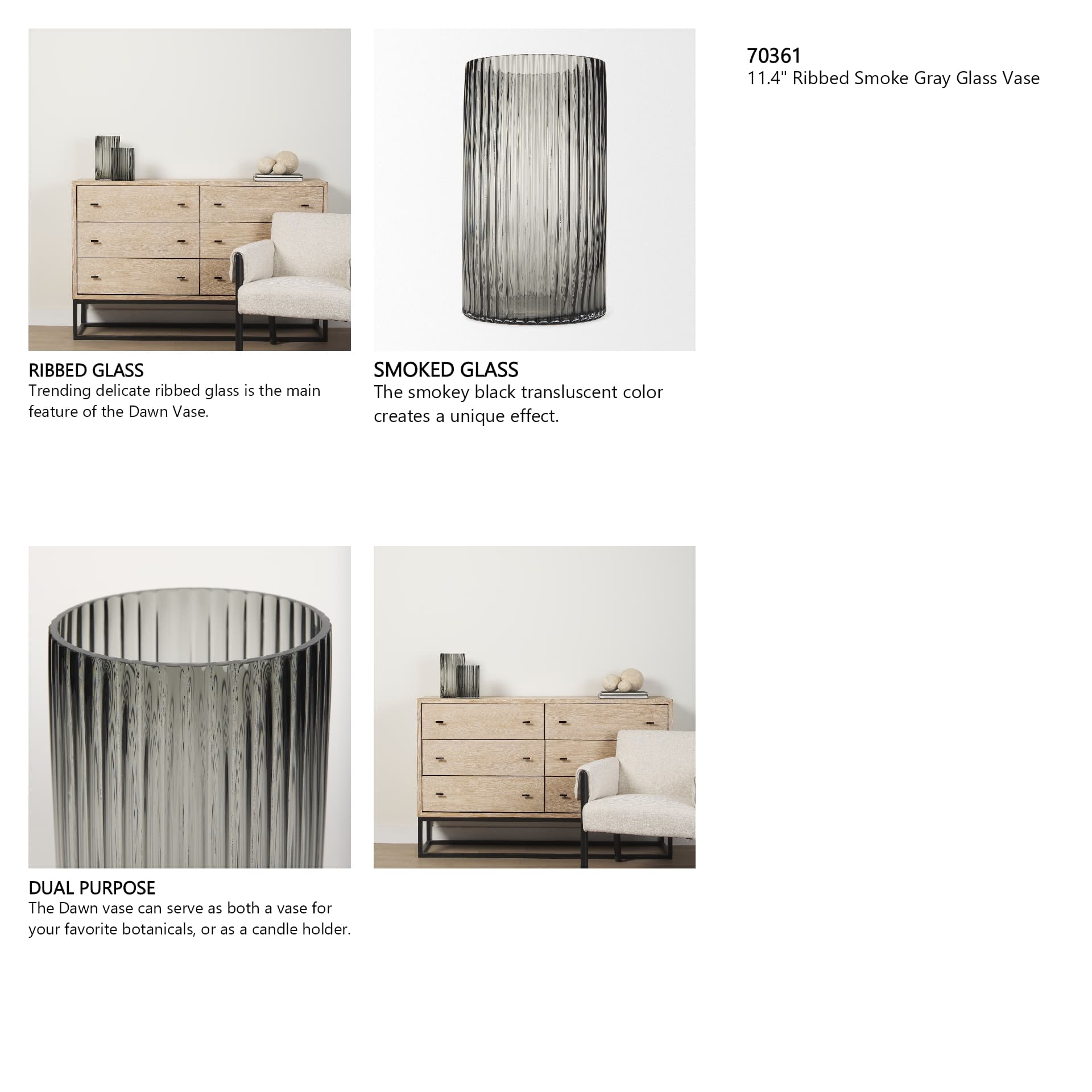 Dawn 11.4" Ribbed Smoke Gray Glass Vase — in a styled room