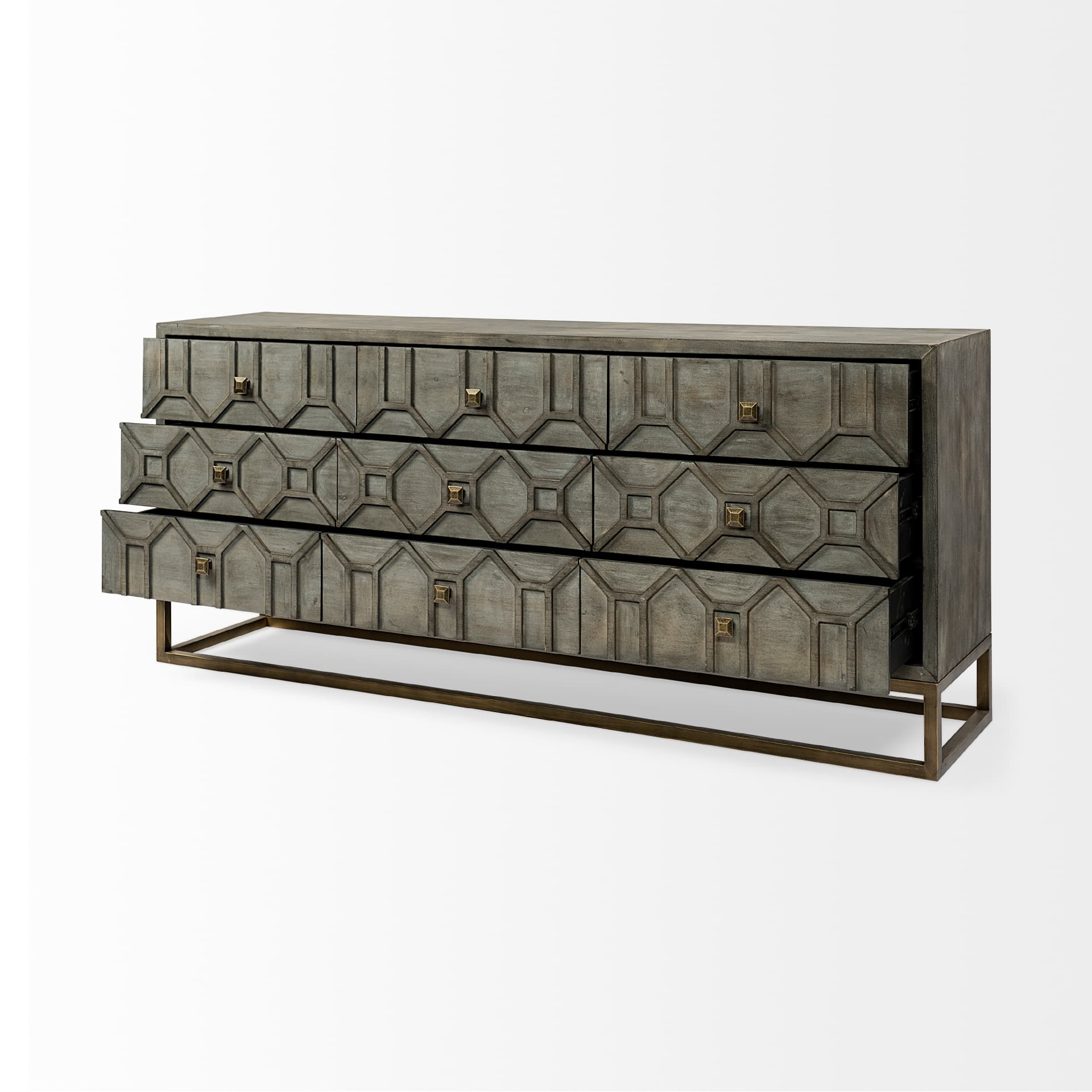 Genevieve II 70x15.8 Gray Fir Veneer W/Gold Metal Frame Base 9 Drawer Sideboard — product photograph