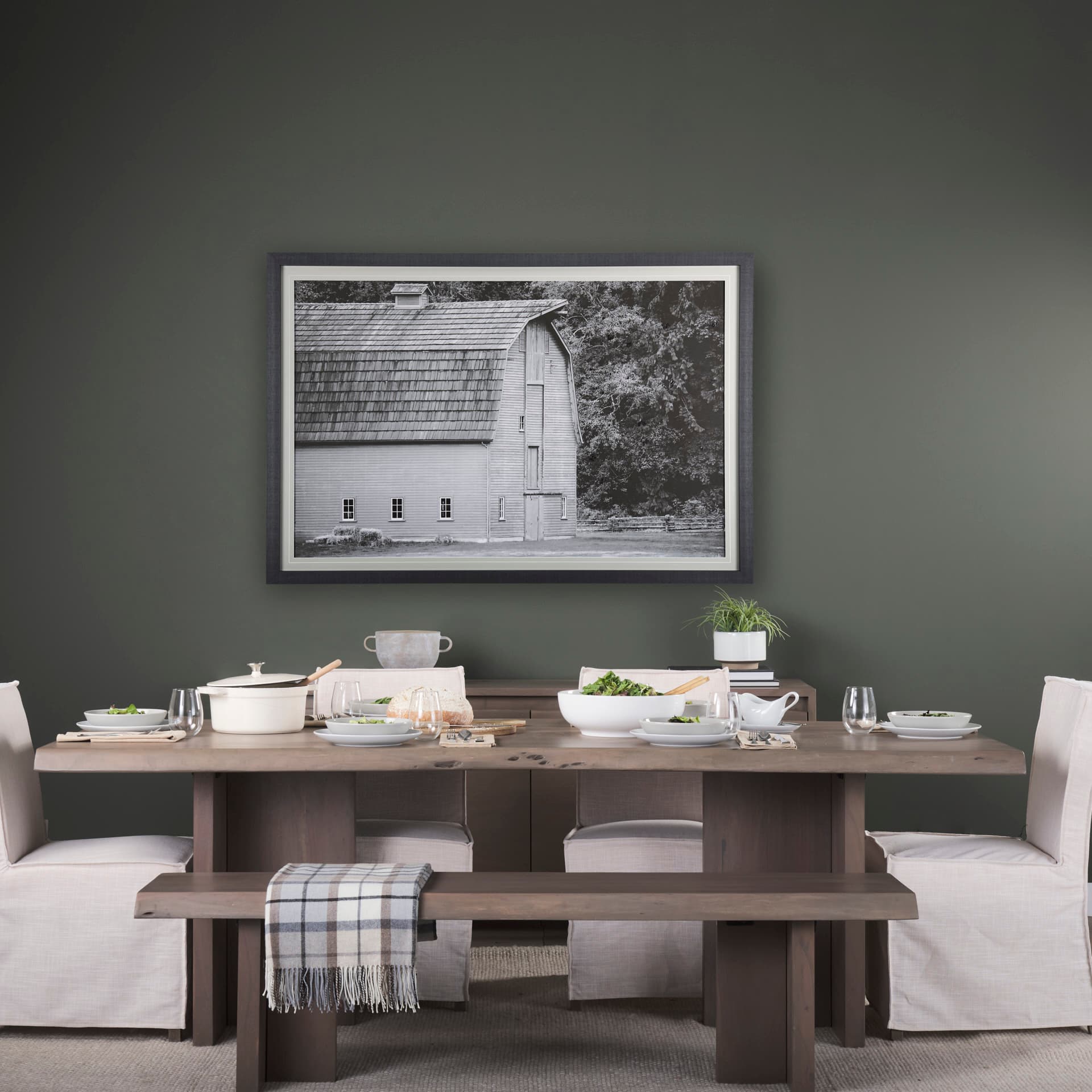 Grey & White Barn I by Mercana Studio Hand Embellished Textured Framed Photo Art Print Matted under — in a styled room