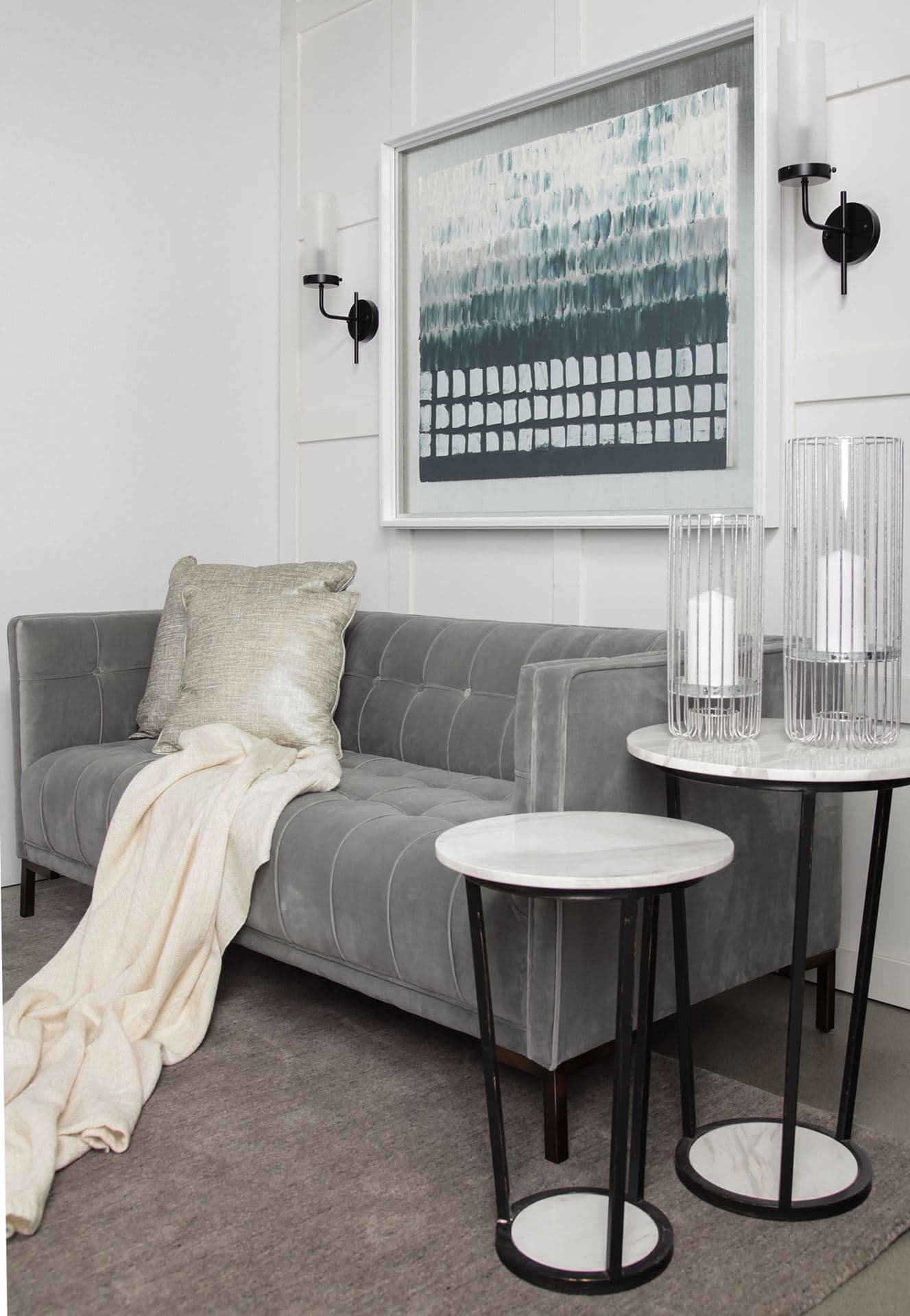 Bougeoir I I 8x20 Gray Metal Cylindrical Glass Shade Wall Sconce — in a styled room