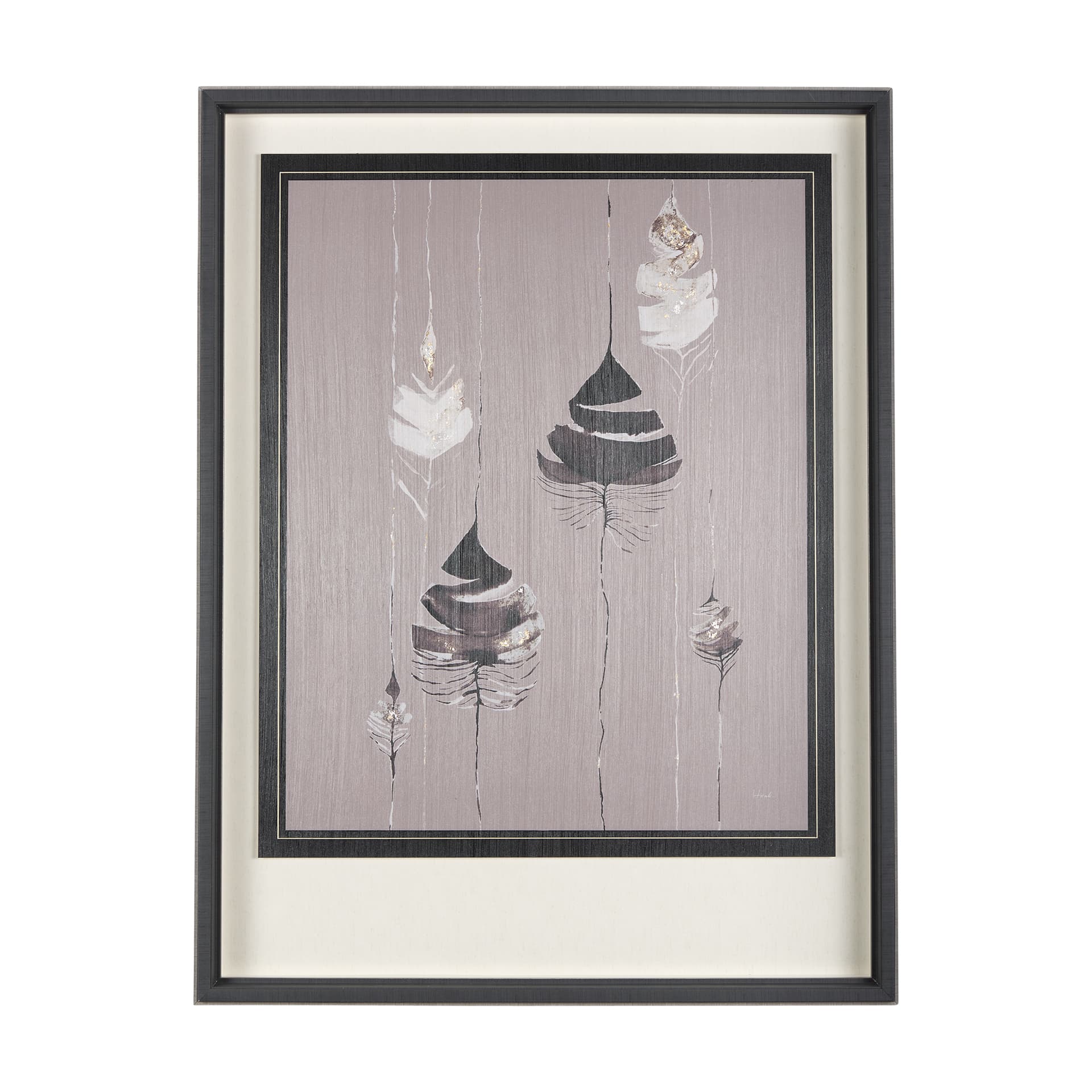 Rain of Feather Warm Gray by Mercana Studio Hand Embellished Framed Art Print Matted under Glass — product photograph
