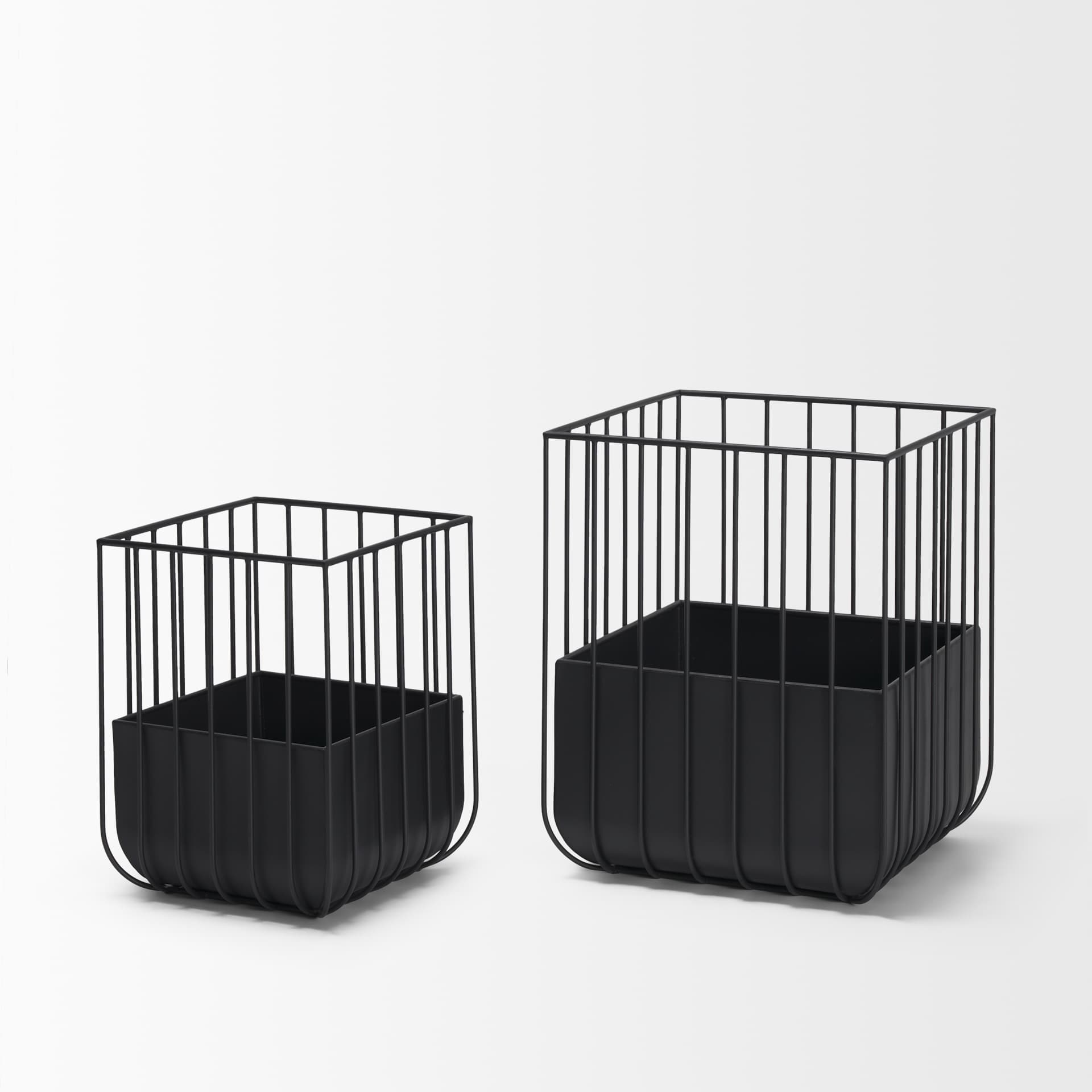 Verna Matte Black Wire Cage Metal Planters (Set of 2) — product photograph