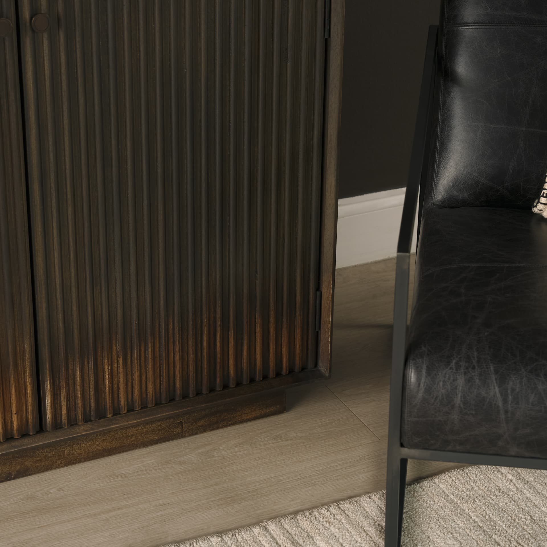 Cinder Distressed Dark Brown Wood Reeded 2-Door Closed Accent Cabinet — product photograph