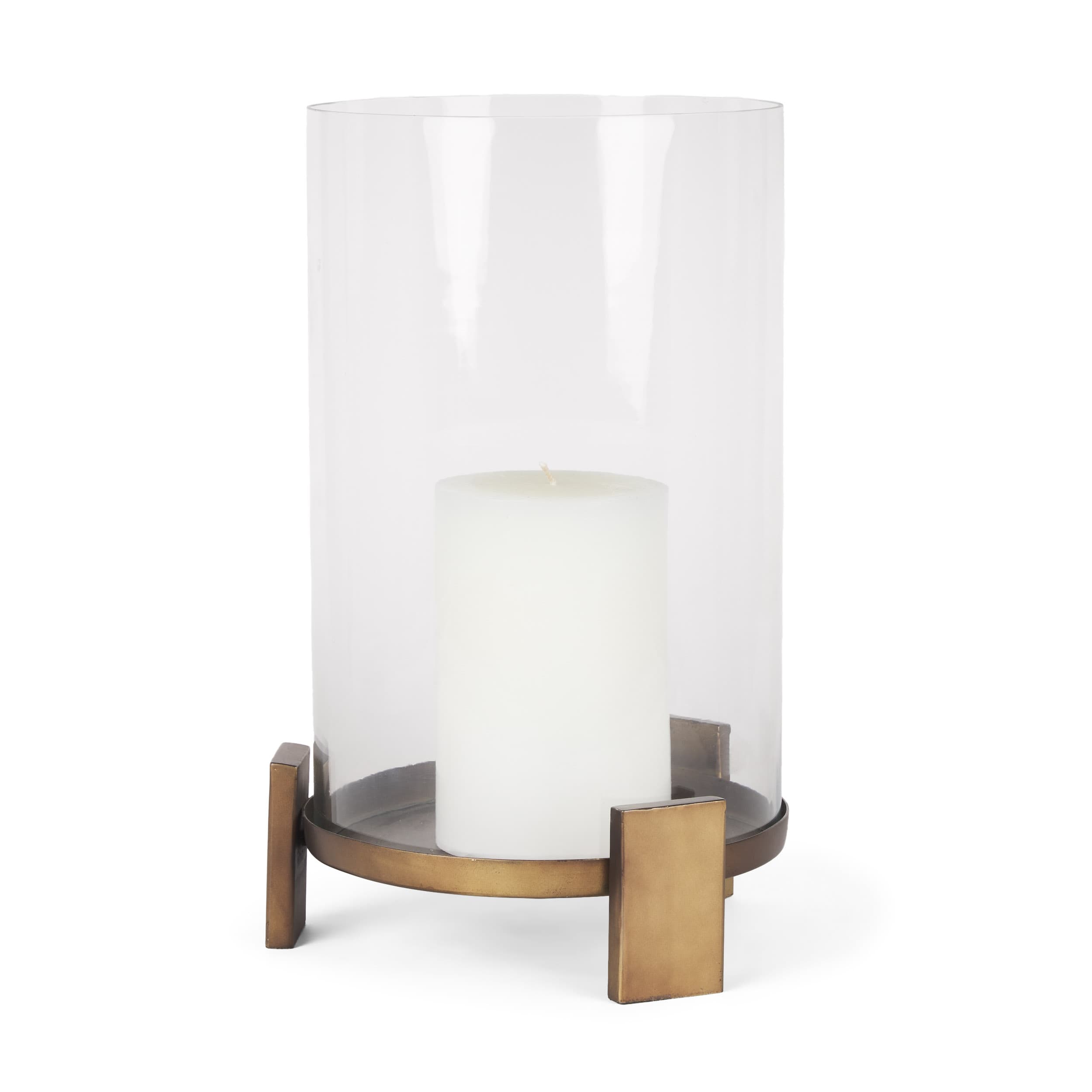 Price Large Antiqued Gold Metal w/ Glass Hurricane Candle Holder — product photograph