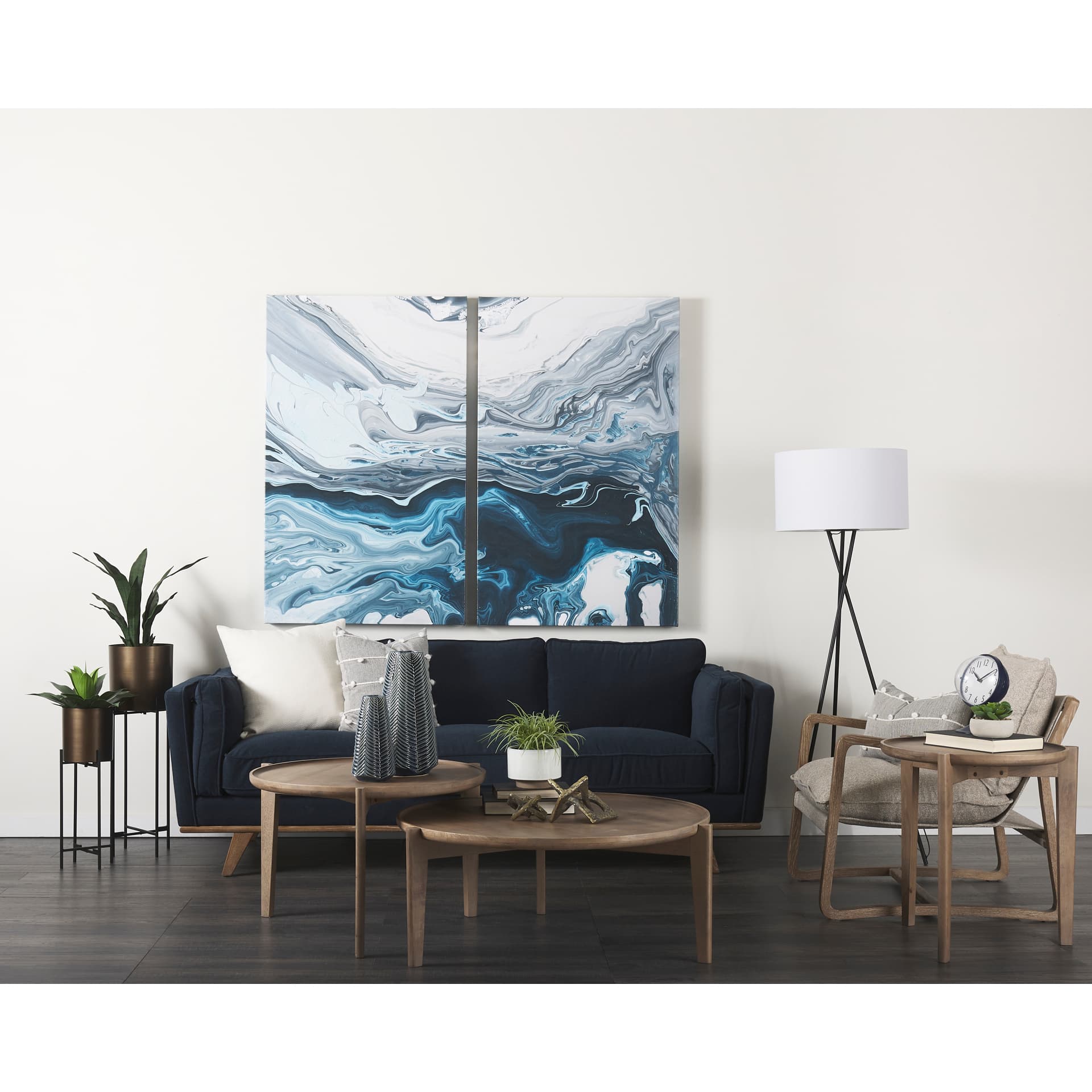 Brooks 90.2L x 34.8W x 33.5H Navy Blue Fabric Three Seater Sofa W/ Medium Brown Wooden Legs — product photograph