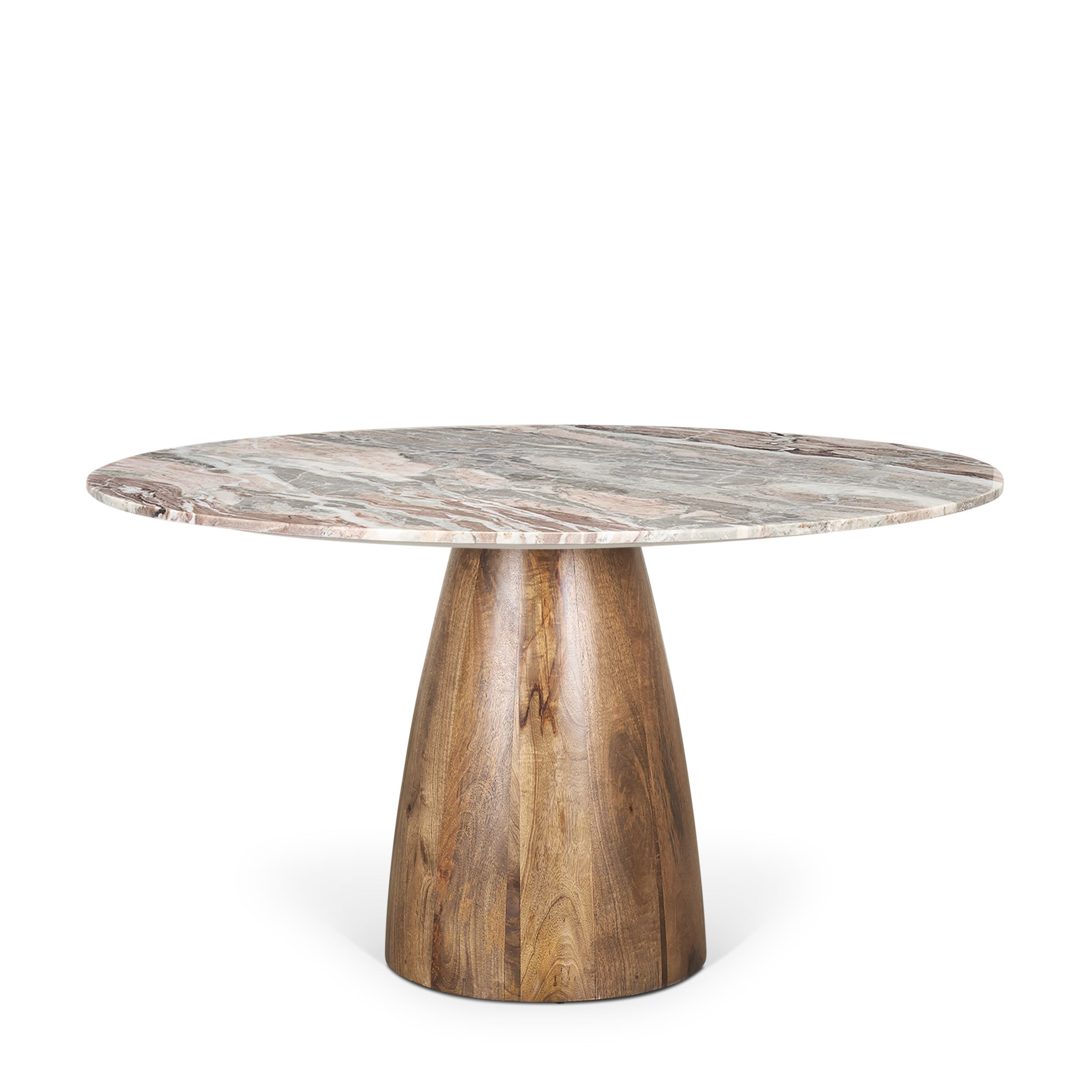 Allyson 54" Round Pedestal Dining Table | Savar Pink Marble & Brown Wood | Seats 6 — product photograph