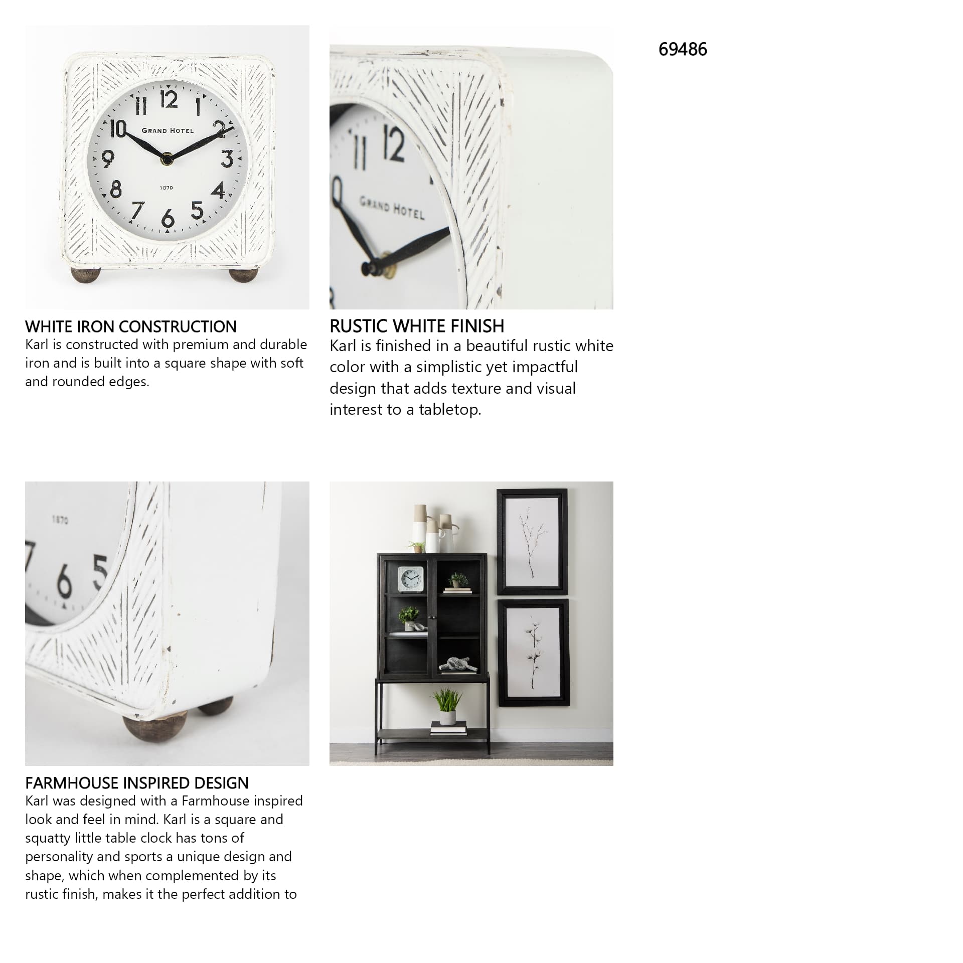 Karl 8.0L x 2.8W x 8.8H Rustic White Iron Rounded Square Table Clock — in a styled room