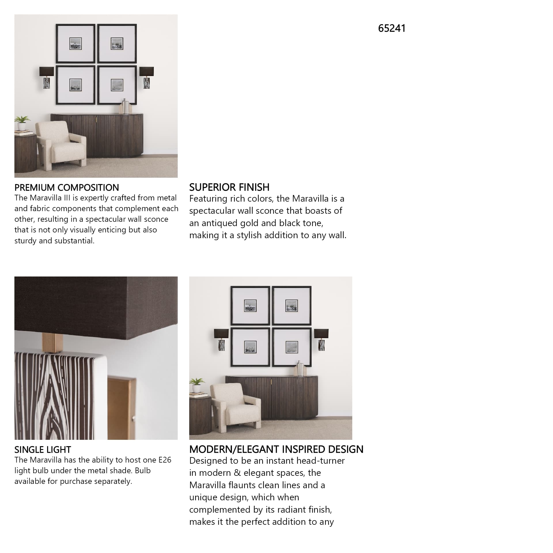 Maravilla III 11x17 Black/White Pattered Base Black Fabric Shade Wall Sconce — in a styled room