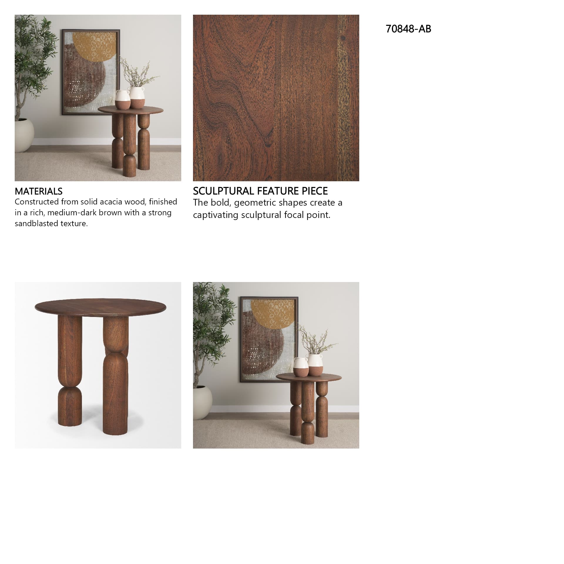 Sonel Pedestal Medium Dark Brown Acacia Wood Foyer Table — in a styled room
