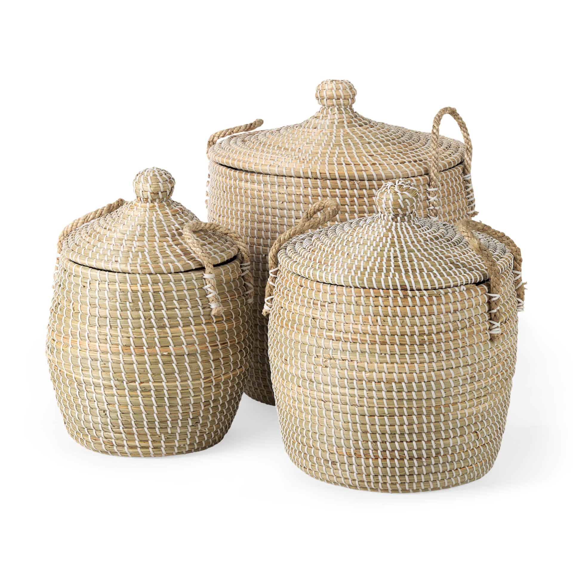 Olivia 15.7L x 15.7W x 17.3H Set of 3 Beige Seagrass Basket W/Lid and Handles — product photograph