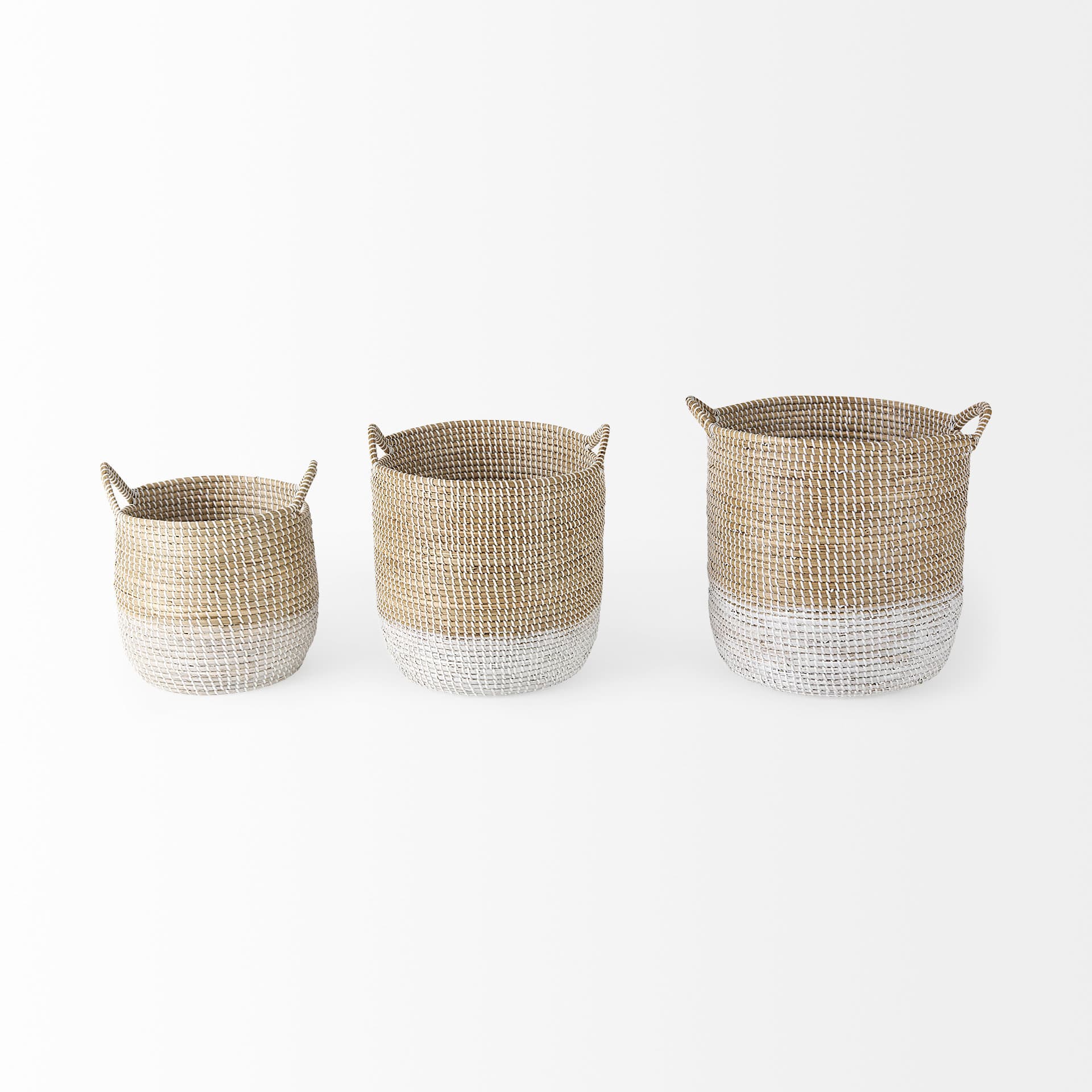 Maddie (Set of 3) Light Brown W/White Dipped Seagrass Round Basket W/ Handles — product photograph
